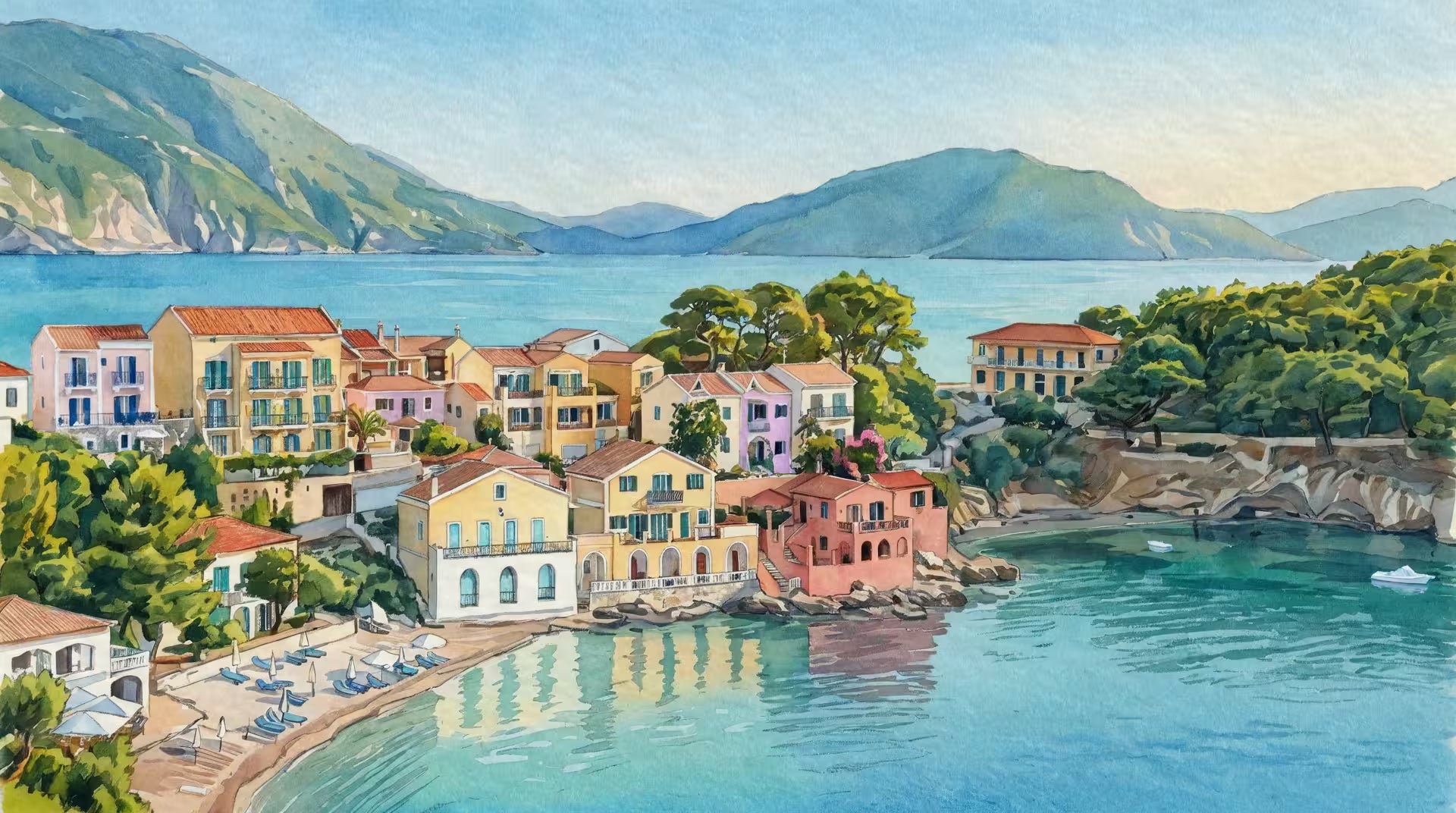 Custom watercolor portrait of a colourful Greek coastal village at Assos in Kefalonia, pastel houses above a turquoise bay, created by hand on a digital canvas as a Greece destination wedding gift