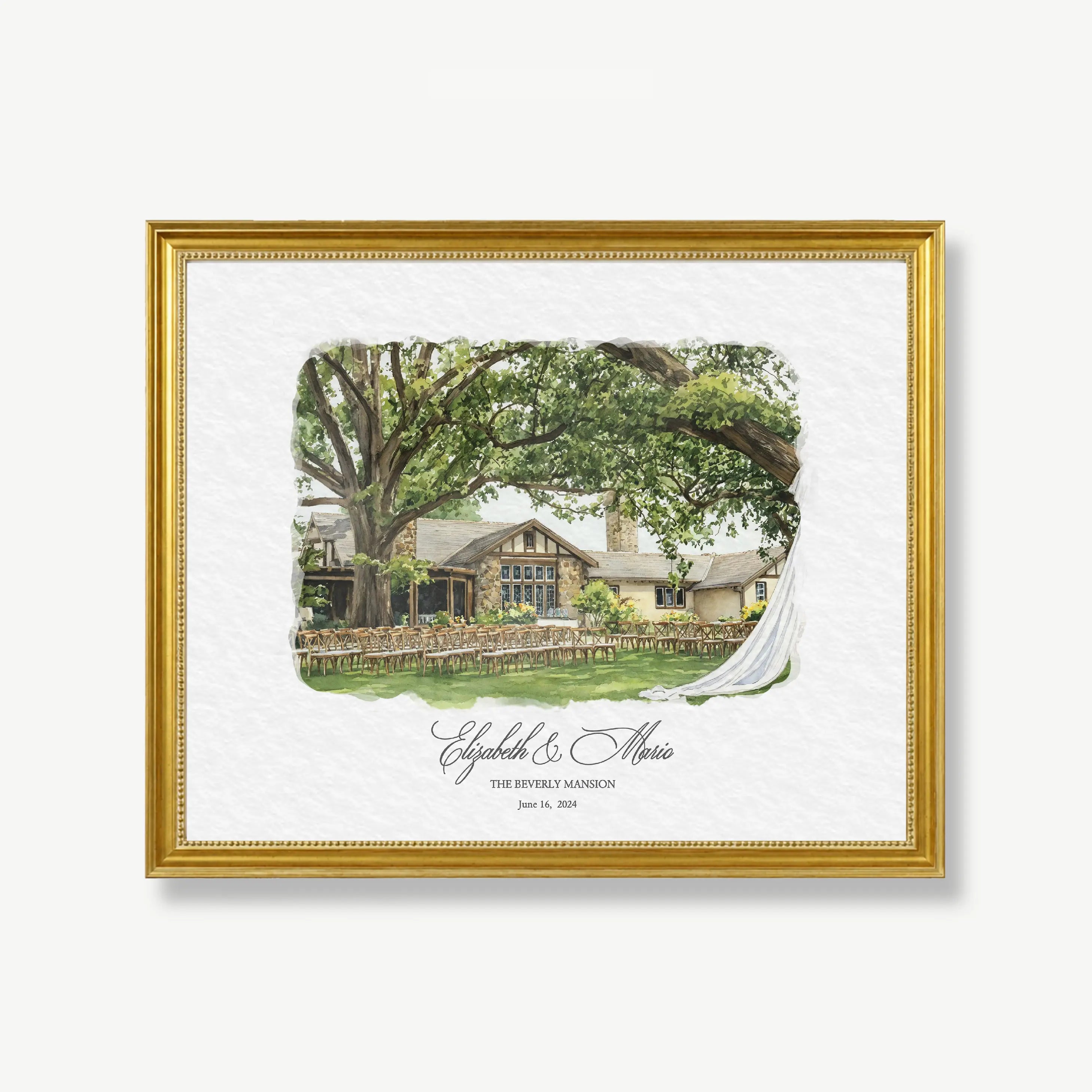 Hand-illustrated Beverly Mansion Ohio outdoor wedding ceremony watercolor portrait under oak tree