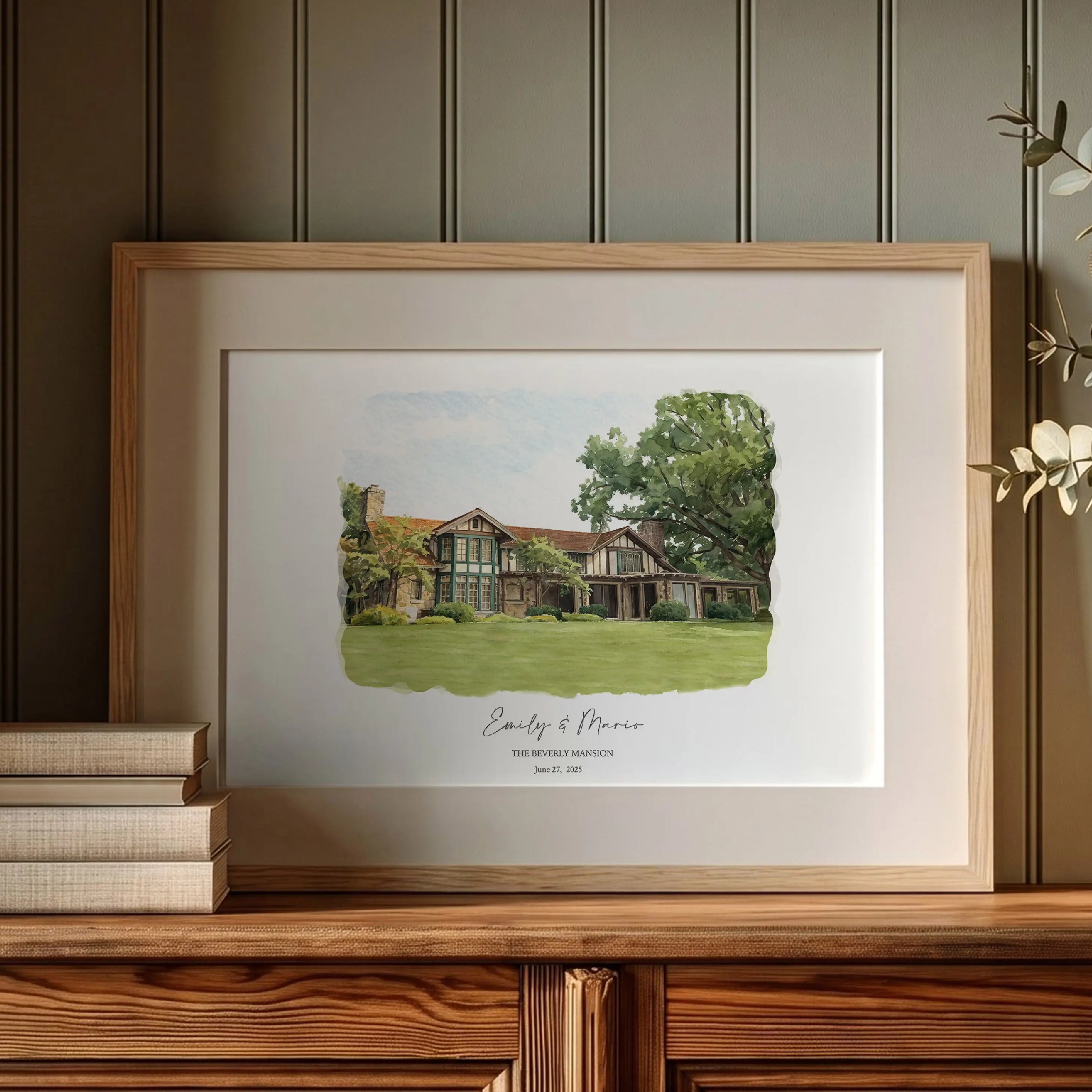 Beverly Mansion personalized watercolor anniversary gift in modern wood frame
