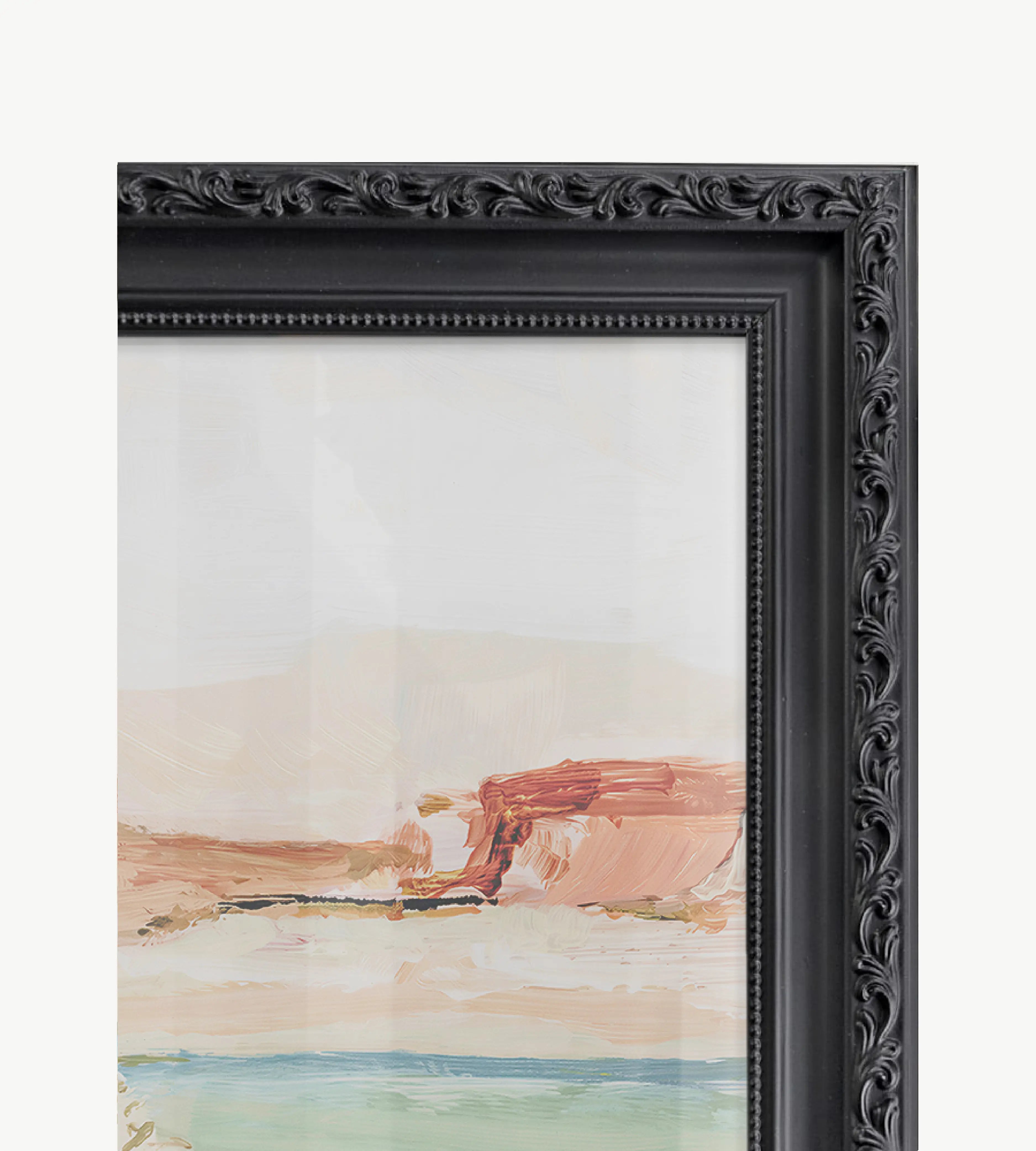 Black ornate solid wood frame with detailed decorative carving and matte finish, elegant classic wall art frame