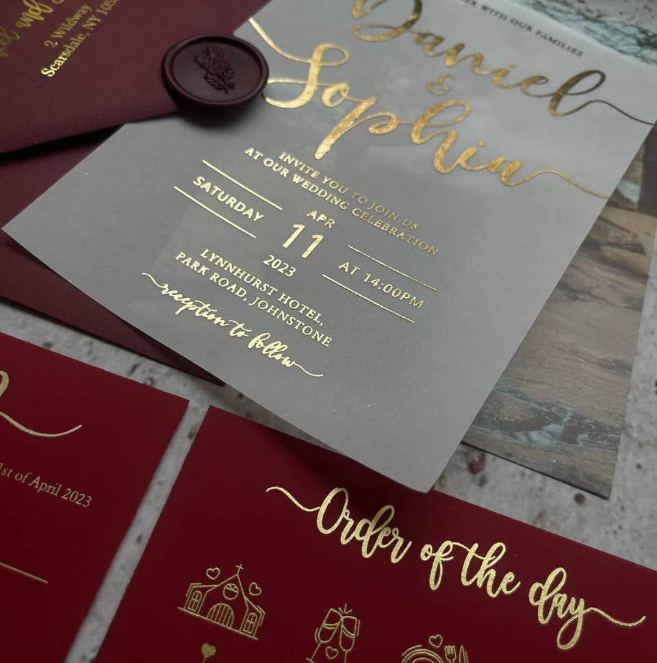 Wedding invitation card with photo and RSVP, order of the day card in burgundy with gold foil