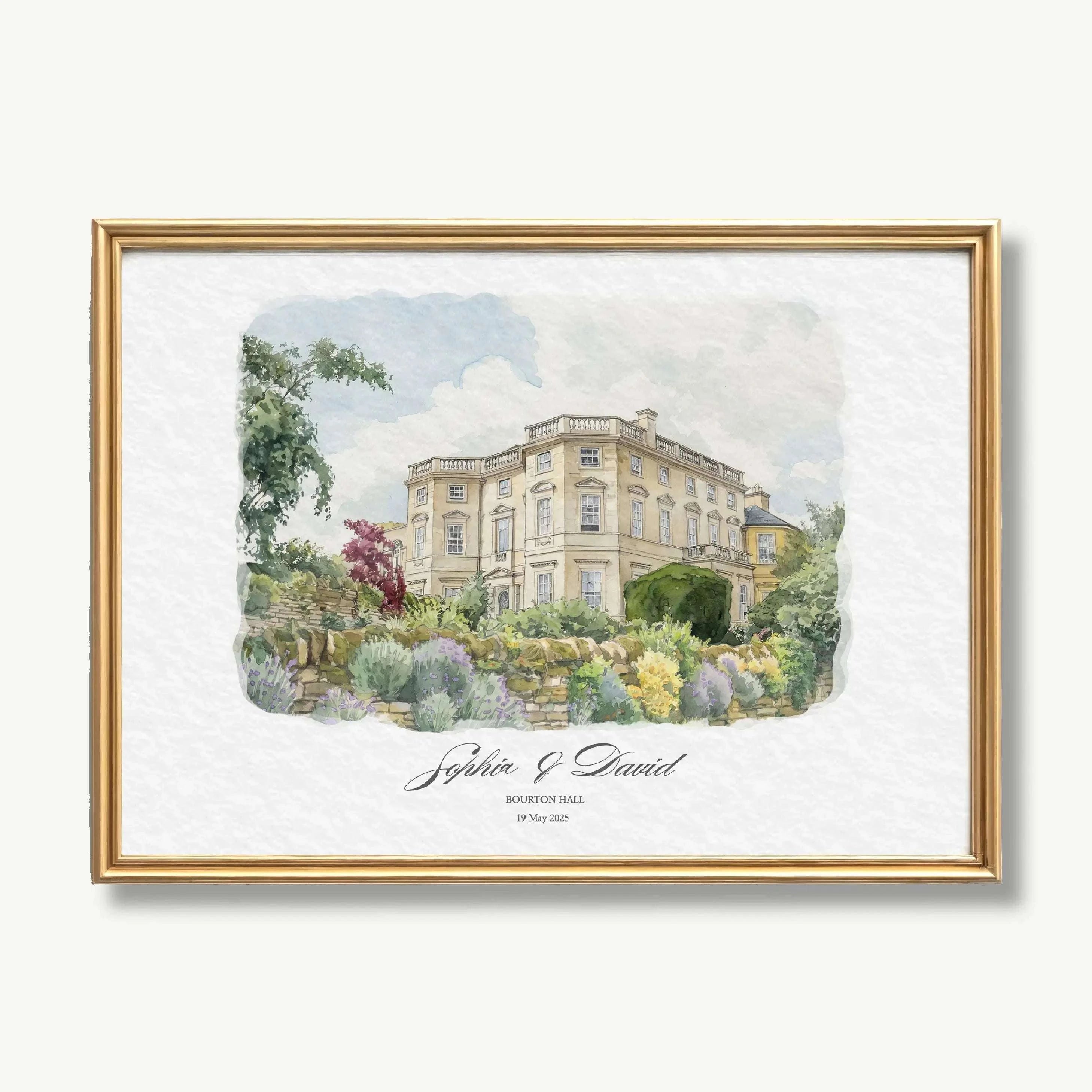 Custom framed watercolor portrait of Bourton Hall wedding venue with personalized names and elegant architectural watercolor artwork.