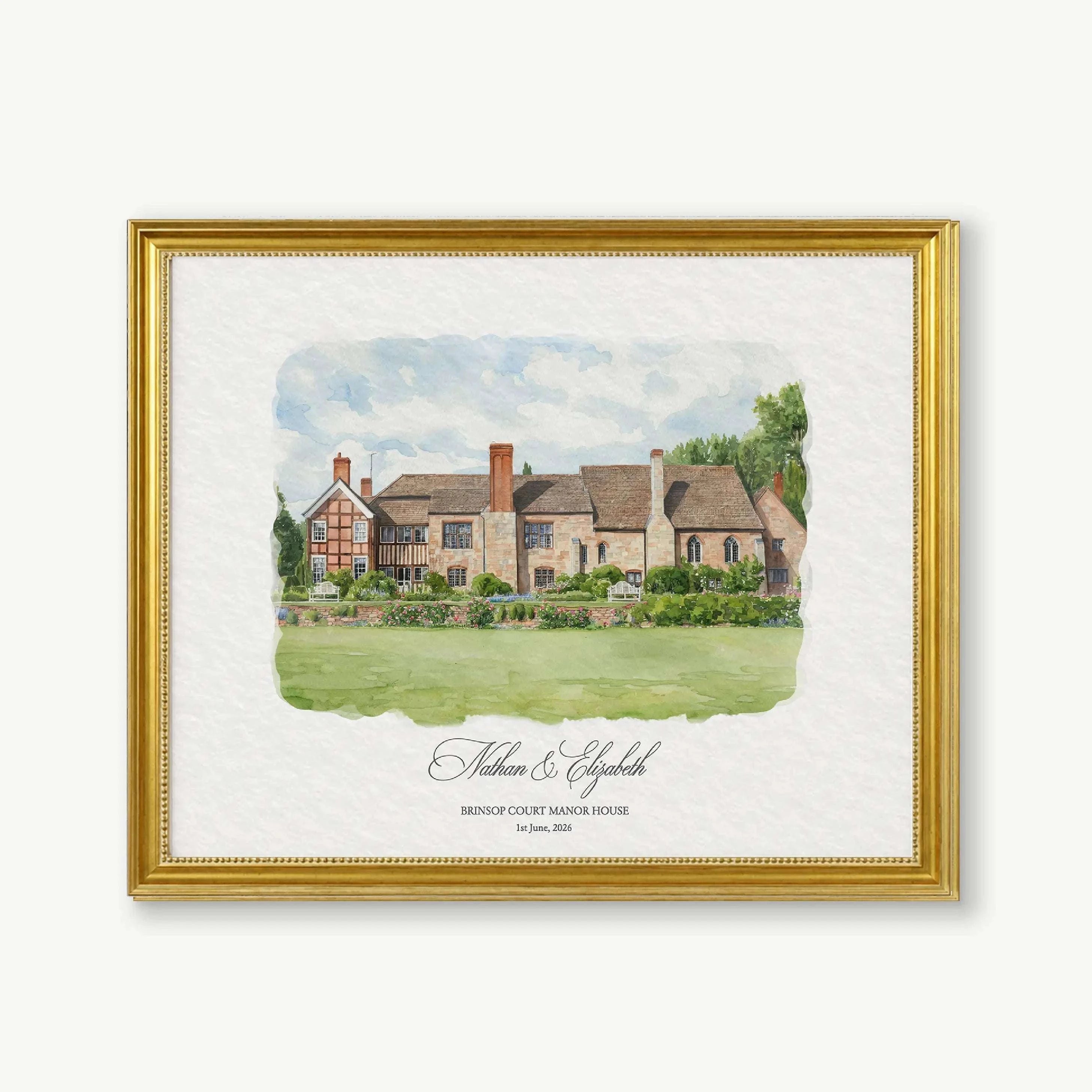 Watercolor portrait of Brinsop Court Manor House wedding venue.