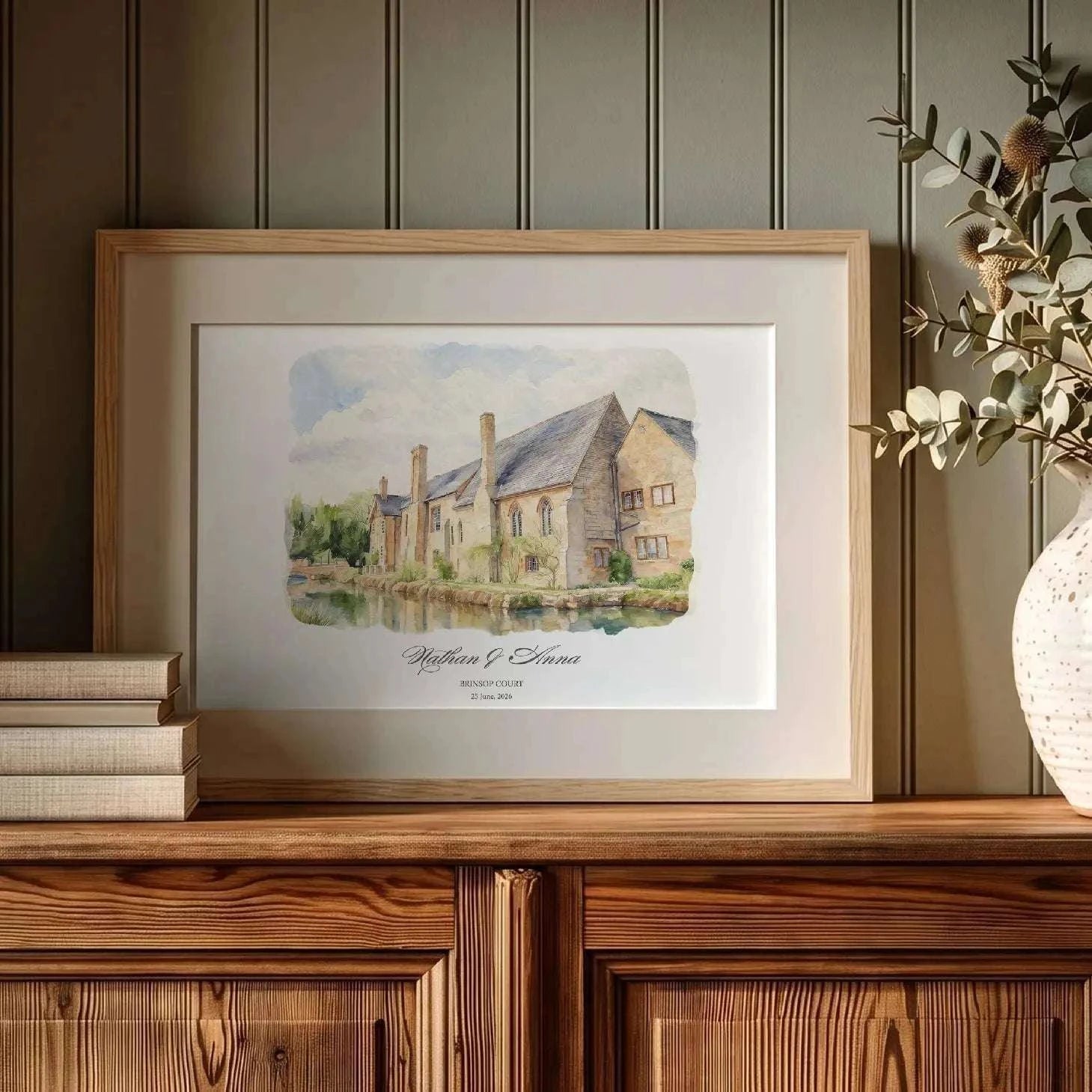 Historic Brinsop Court Manor House depicted as custom wedding venue artwork.