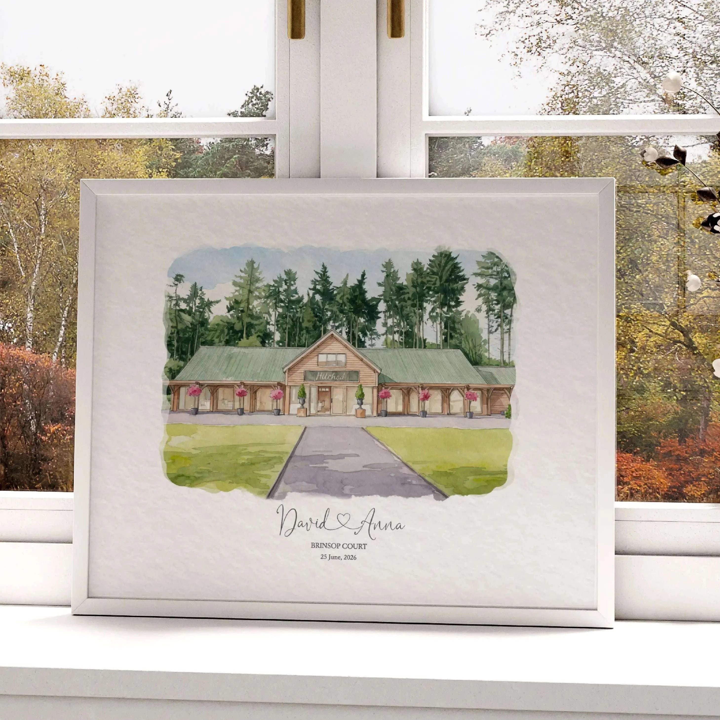 Brinsop Court Manor House wedding venue portrait created in watercolor style.