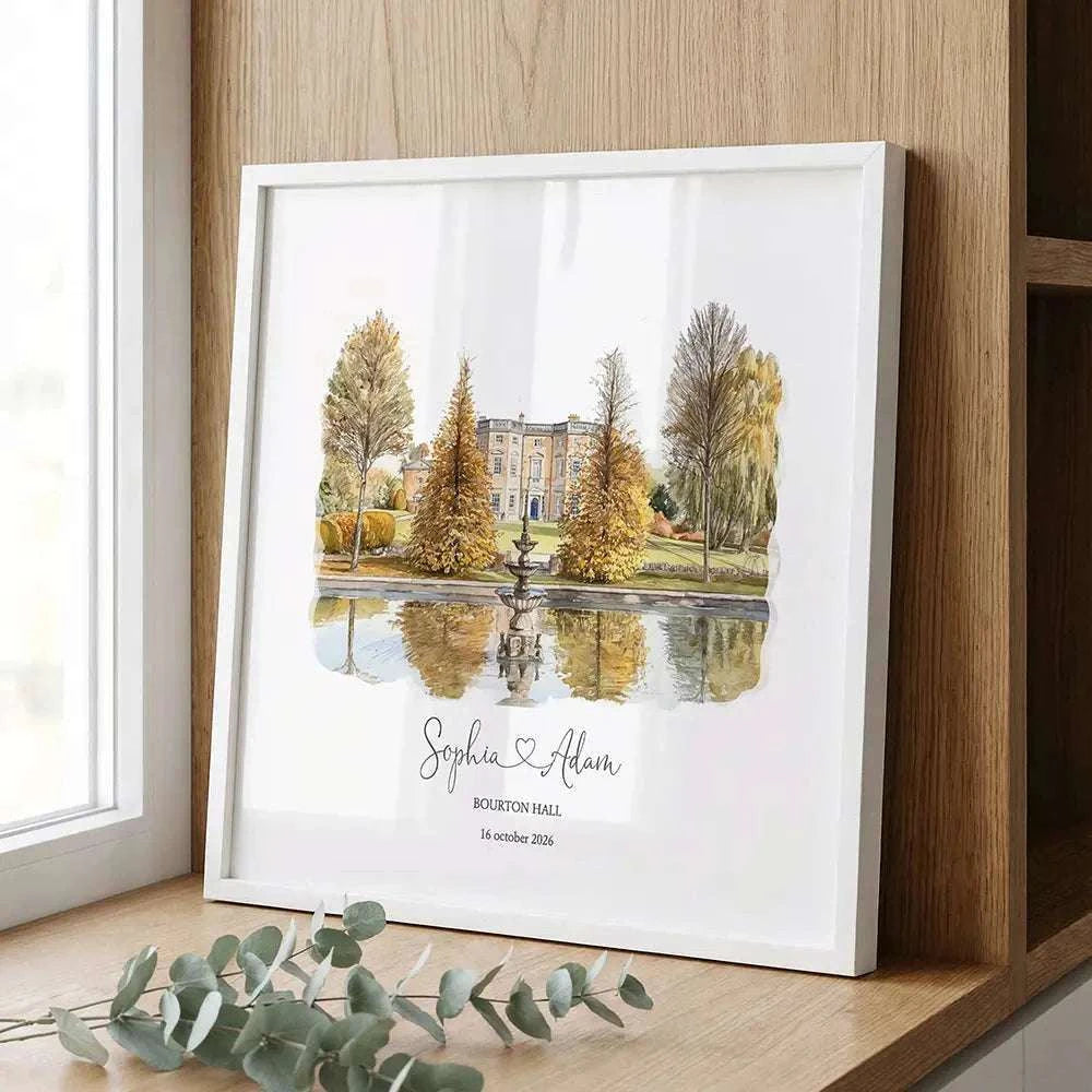 Minimalist British watercolour sketch of Bourton Hall displayed in a white frame, personalised wedding venue artwork with soft autumn reflections and custom names.