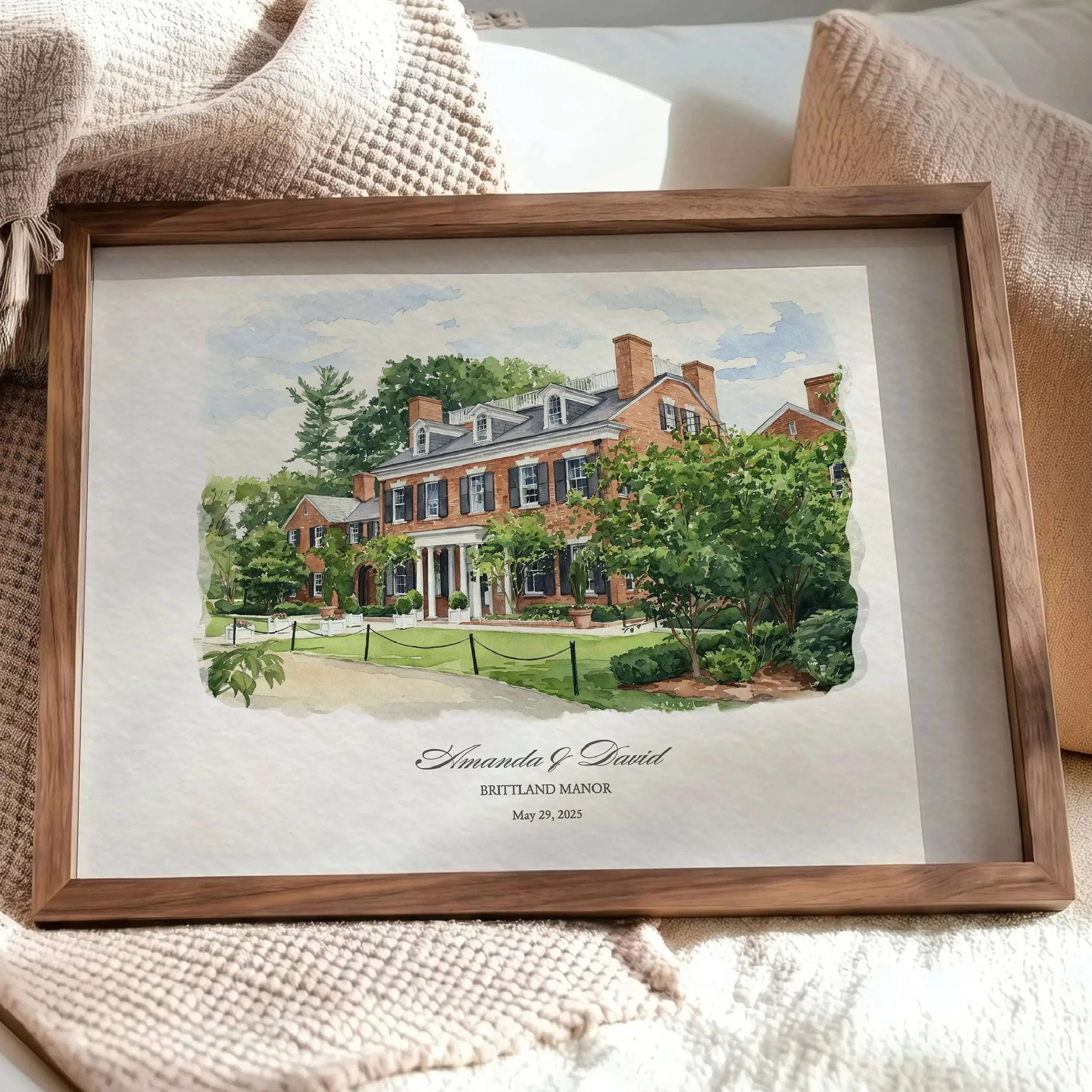 Elegant Brittland Manor watercolor venue artwork created as a personalized wedding or anniversary gift.