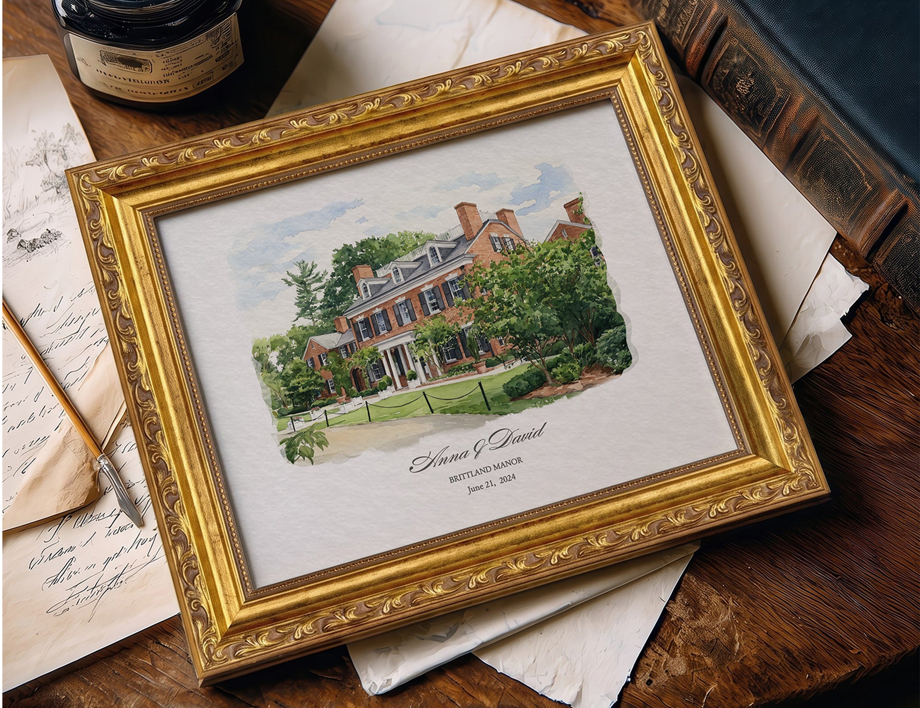 Custom watercolor portrait of Brittland Manor in an ornate gold frame on a writing desk, a personalized wedding anniversary gift, as the header for the Anniversary Gifts by Year collection
