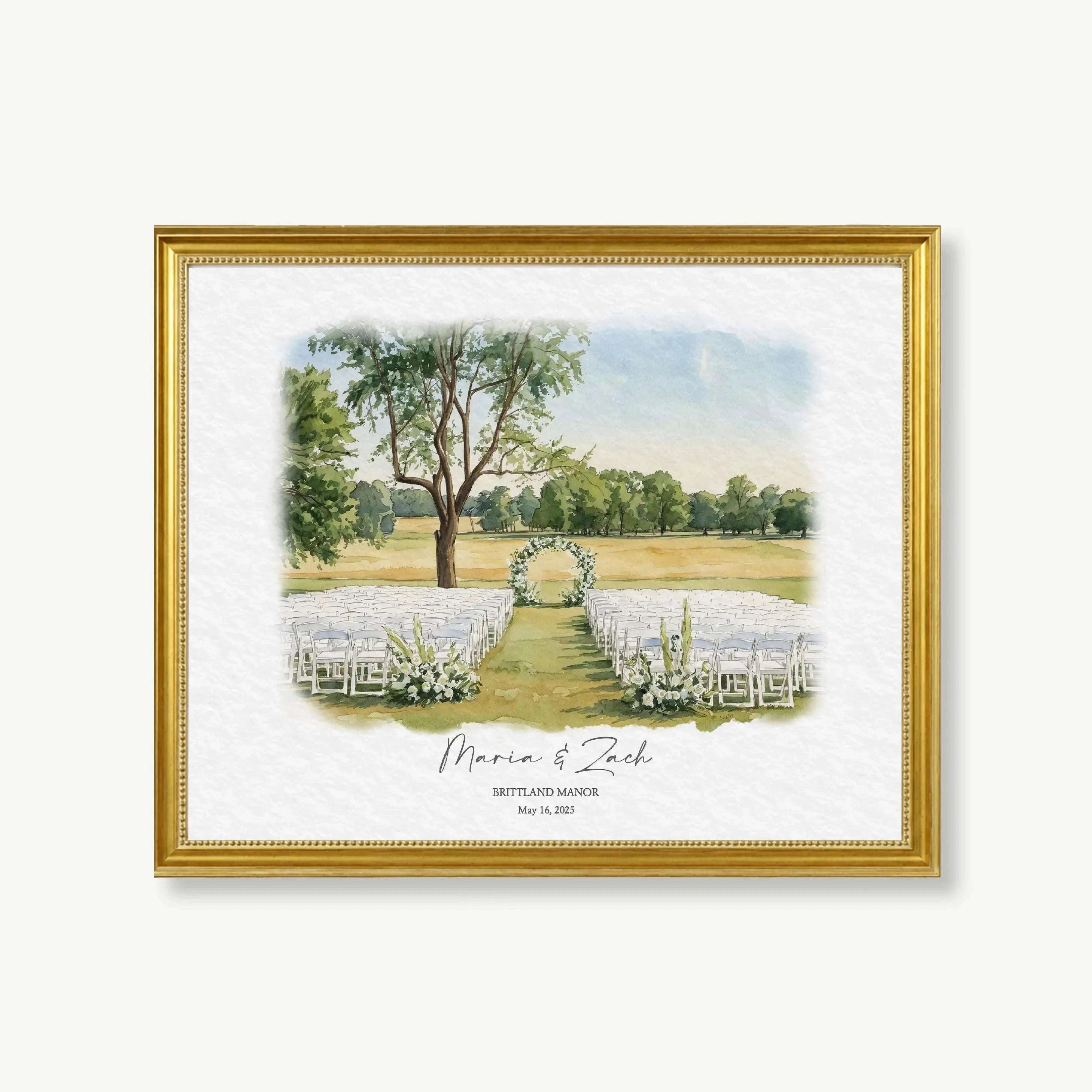 Personalized watercolor portrait of Brittland Manor featuring elegant brick estate architecture and spring garden details.
