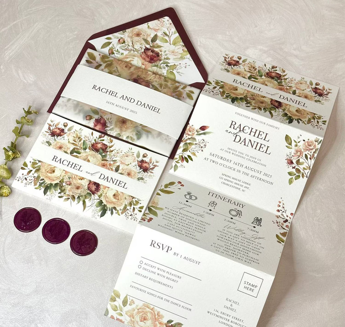 Burgundy floral concertina wedding invitations all in one suite with floral envelope liner and vellum jacket