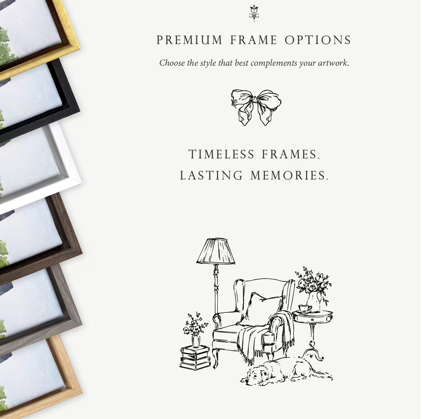 Six solid wood floater frame colors for canvas wedding venue portraits: gold, black, white, dark wood, gray, and solid wood