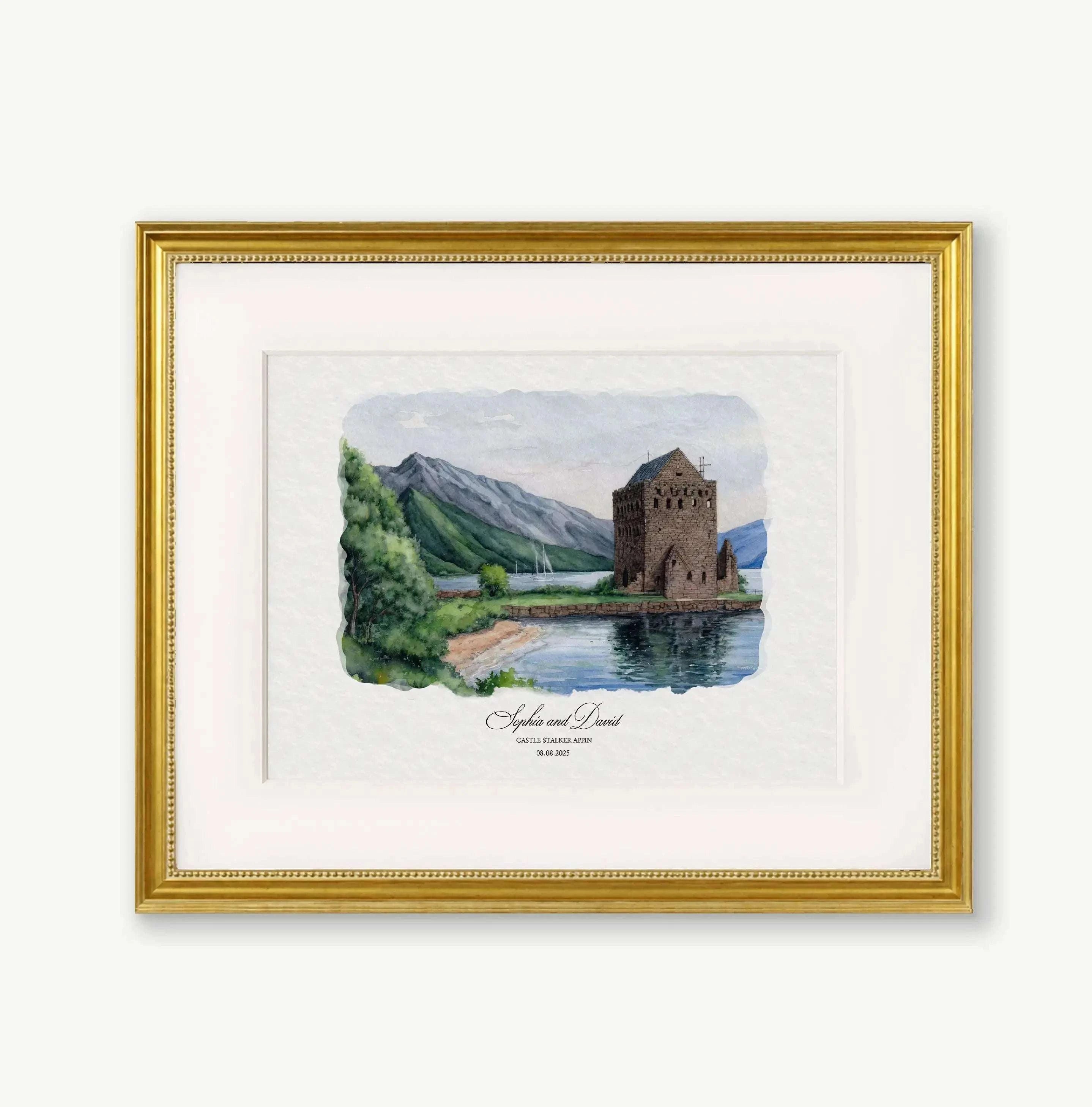 Personalized watercolor portrait of Castle Stalker in Appin, Scotland, featuring the historic island castle surrounded by coastal waters and Highland scenery.