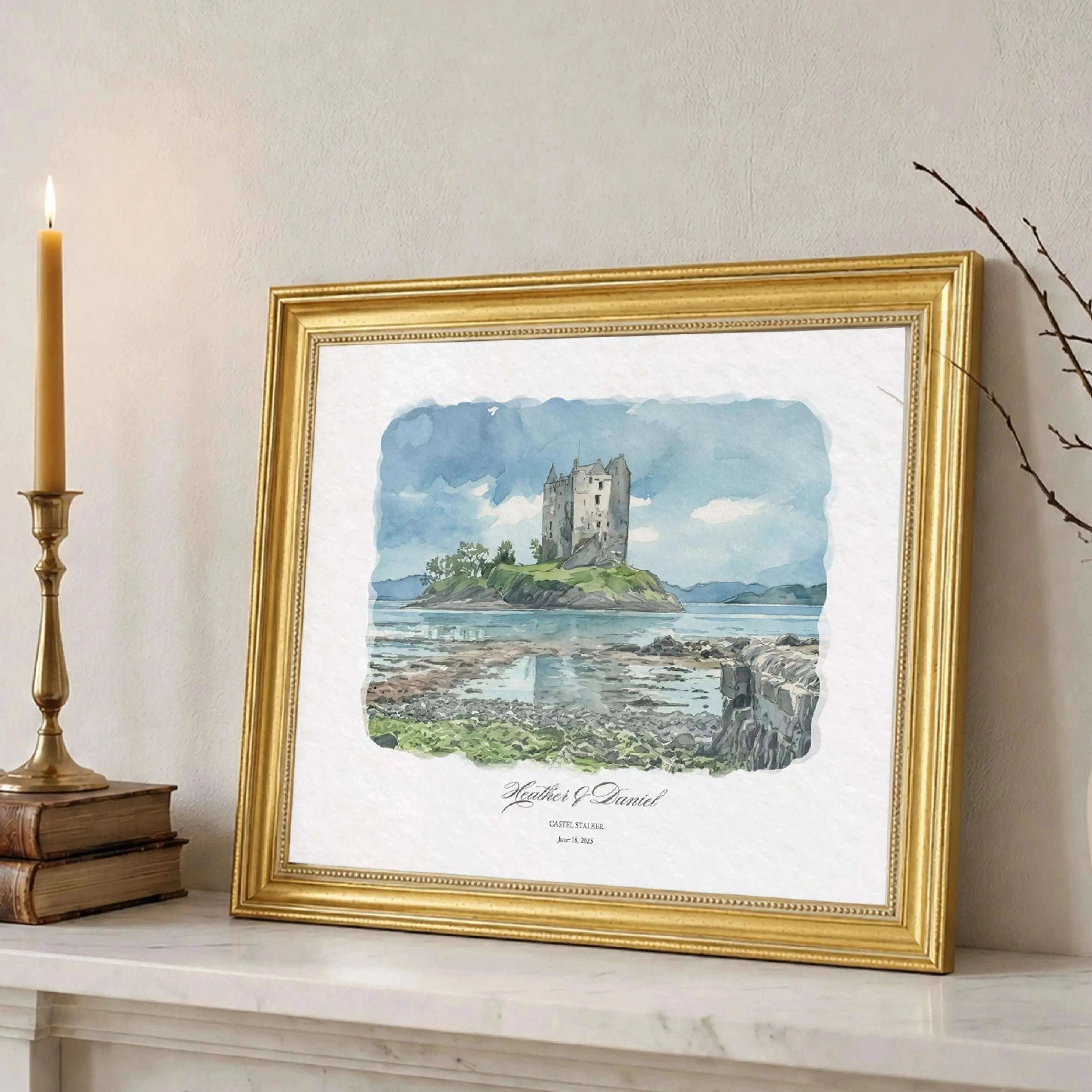 Personalized watercolor portrait of Castle Stalker, Appin, Scotland displayed in an elegant gold frame with custom wedding names and date beneath the artwork.
