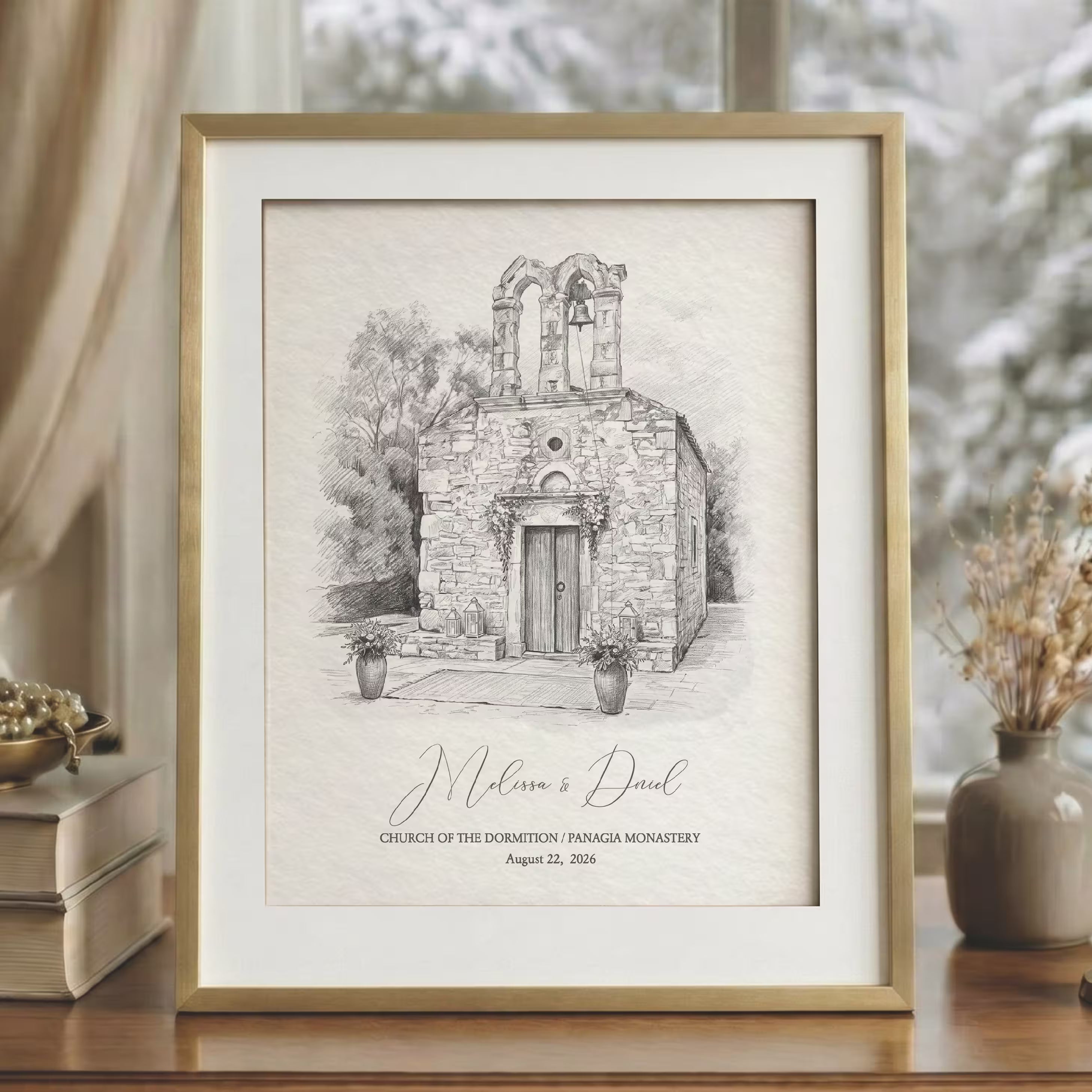 Pencil sketch line art version of the stone Church of the Dormition at Panagia Monastery, a fine line drawing offered as an alternative to the watercolor portrait