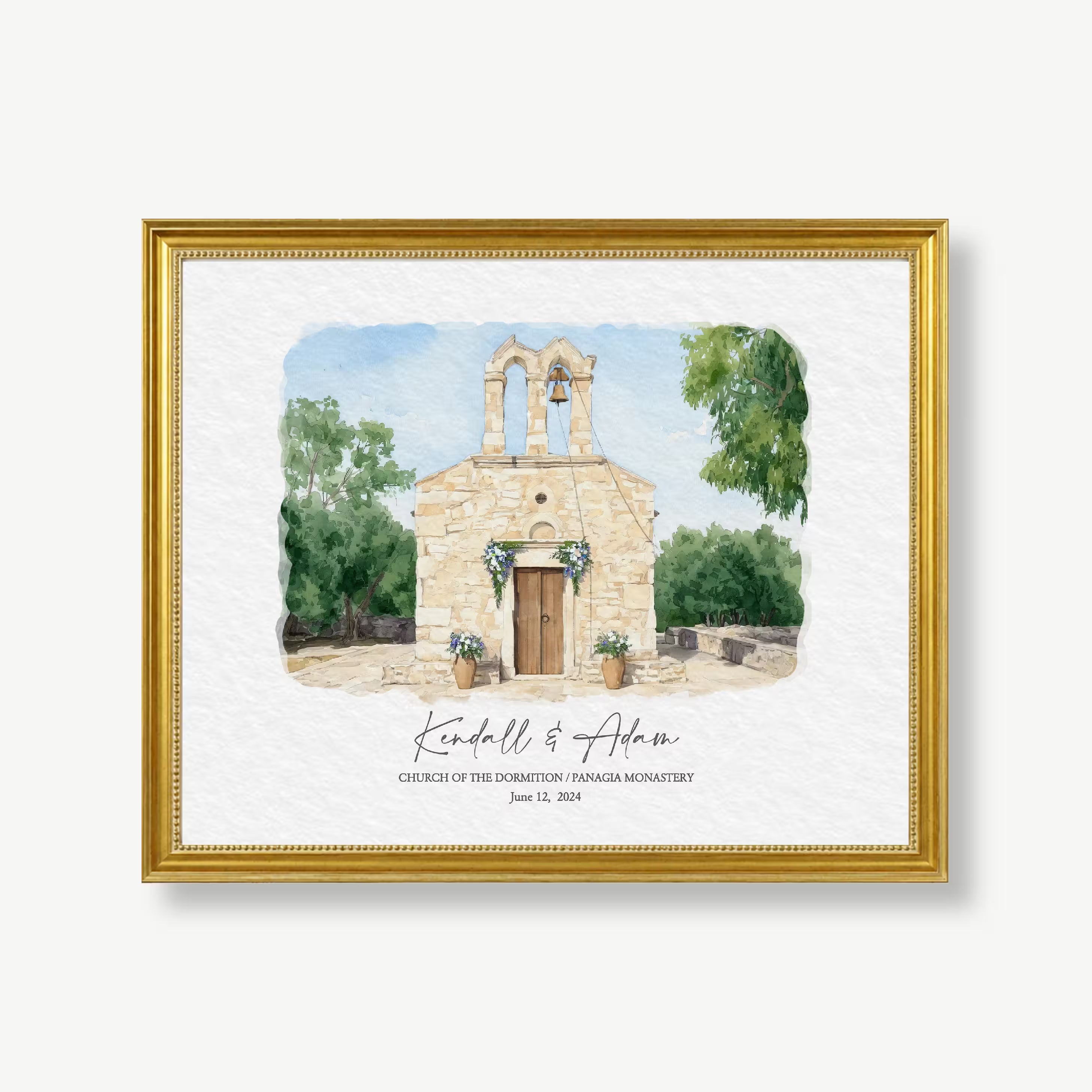 Custom watercolor portrait of the Church of the Dormition at Panagia Monastery, a Greek stone chapel with a double bell arch and a flower-draped wooden door, created as a wedding venue anniversary gift