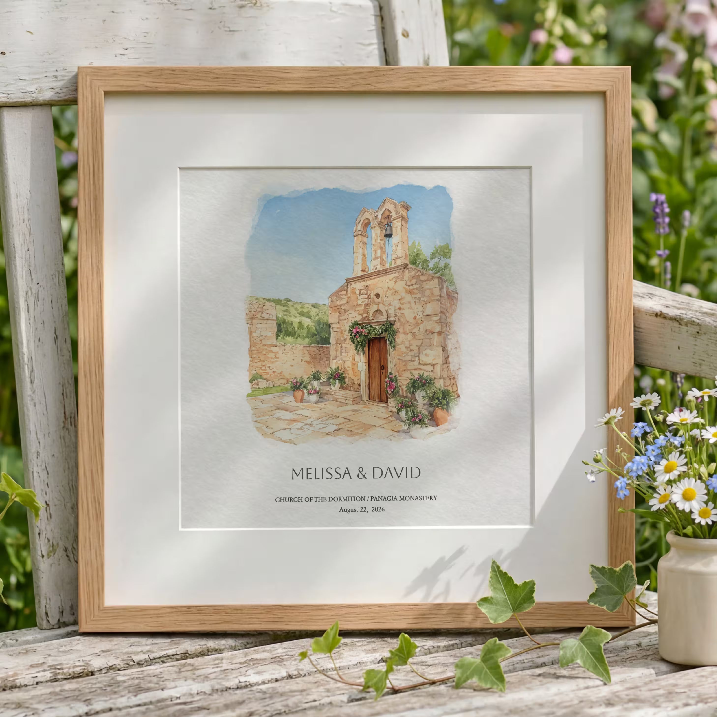 Personalised Church of the Dormition wedding venue portrait with the couple names Kendall and Adam and their wedding date shown beneath the illustration