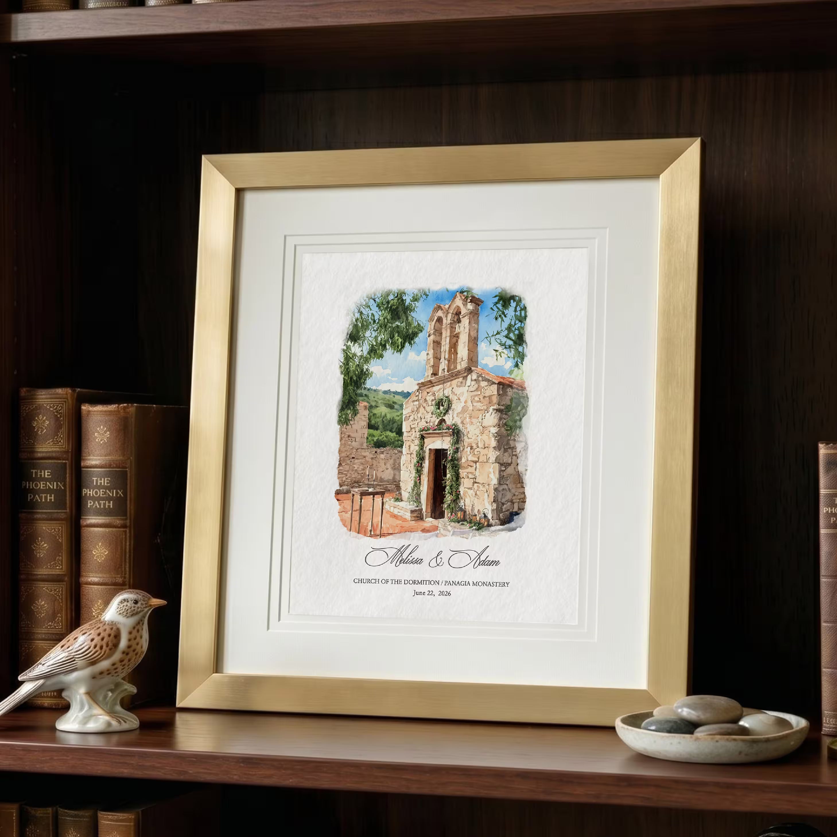 Church of the Dormition watercolor portrait presented in a gold beaded frame with a white mount, a destination wedding gift fine art printed on premium watercolor paper