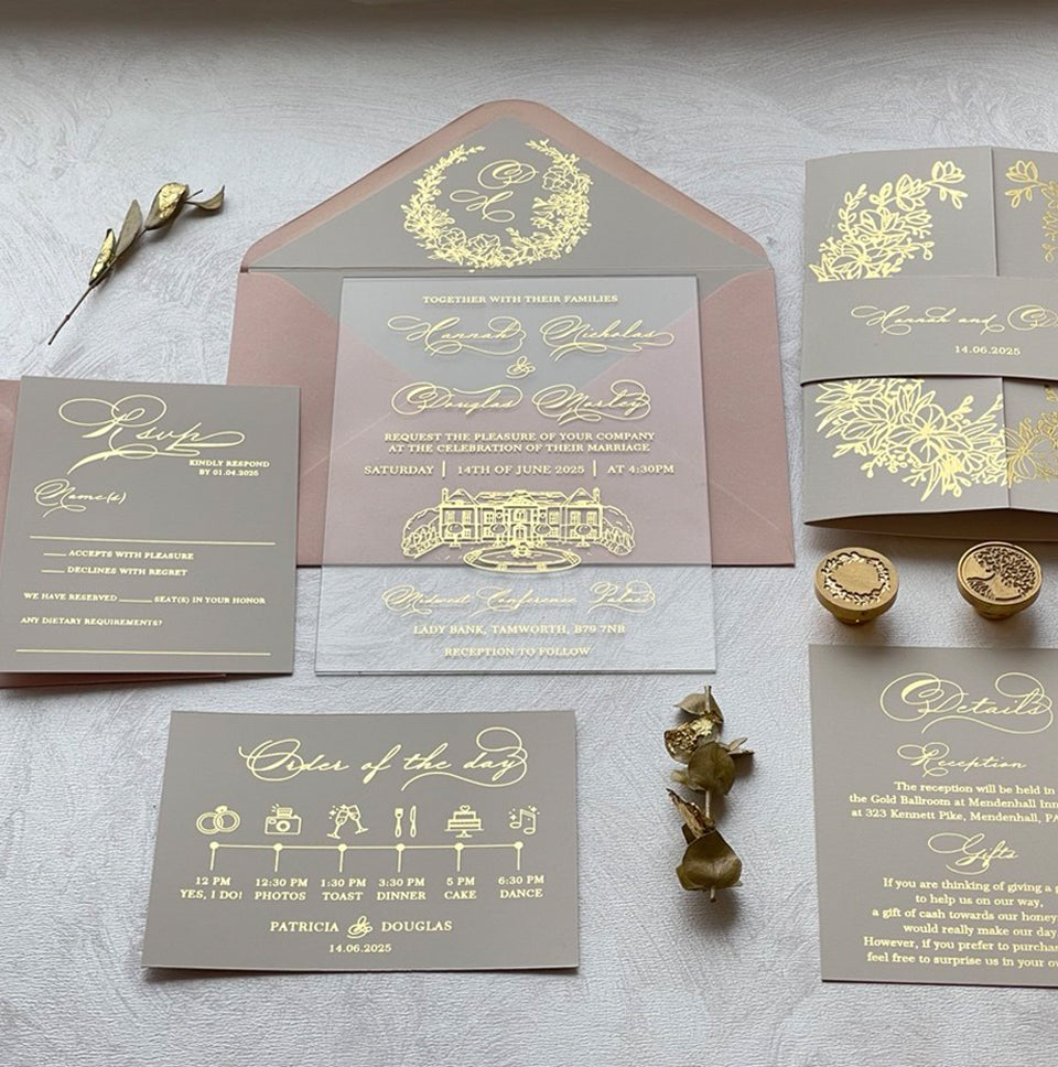 Acrylic wedding invitation suite with gold foil calligraphy and floral belly band