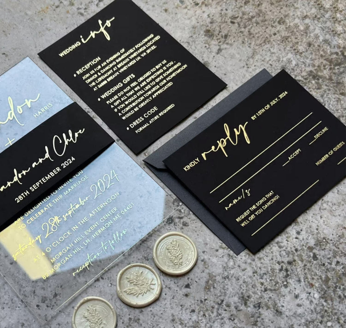 Clear acrylic wedding invitations with foil lettering, modern belly band, wedding info card and RSVP card