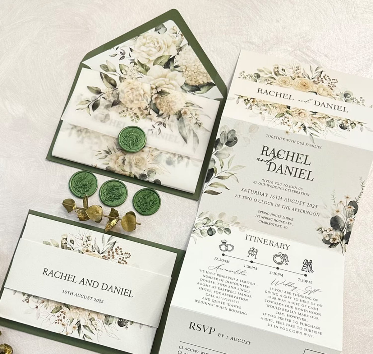 Concertina wedding invitations all in one suite open showing itinerary and accommodation details