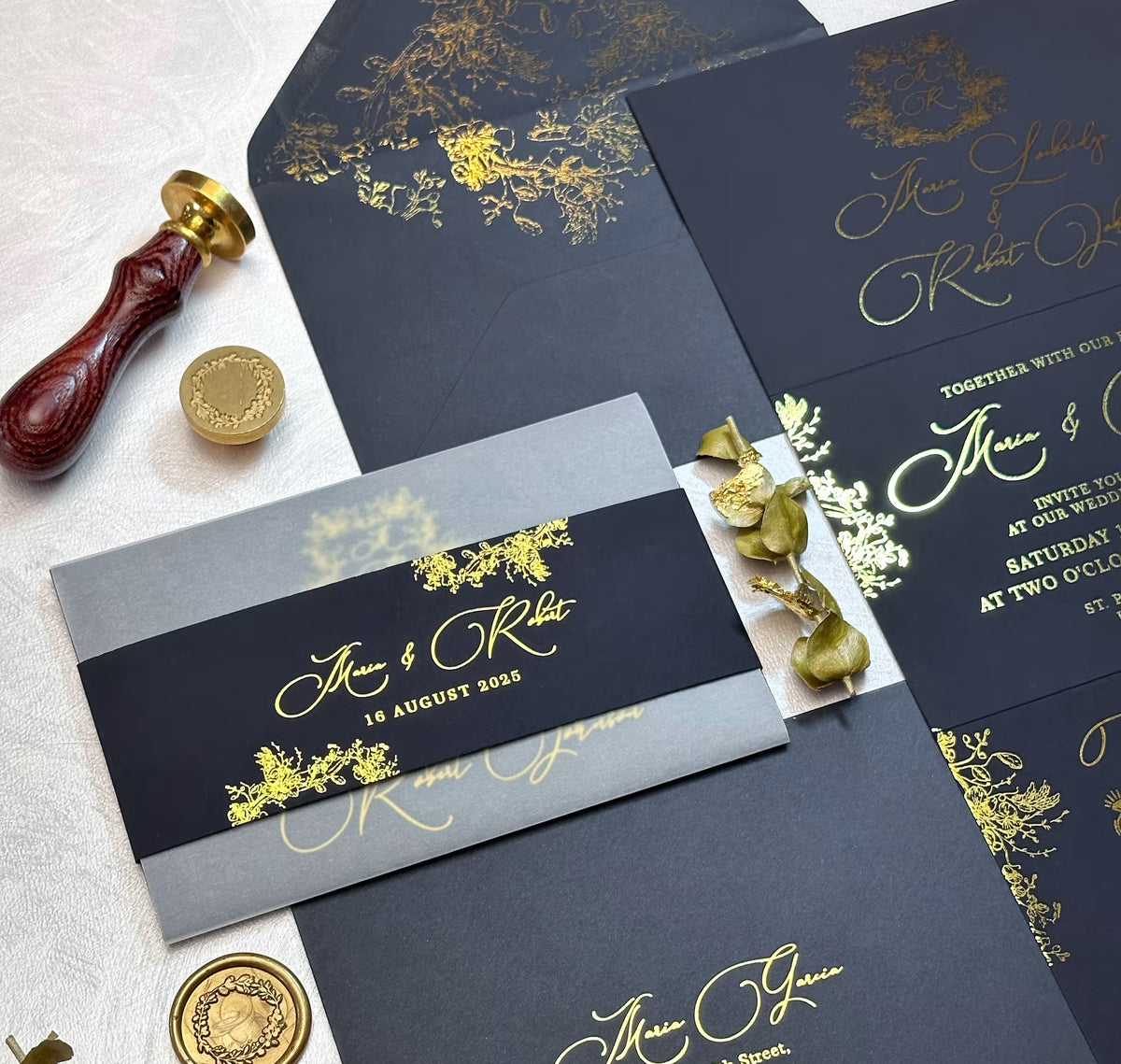 Concertina wedding invitations with foil in navy blue with foil envelope liner and personalized names