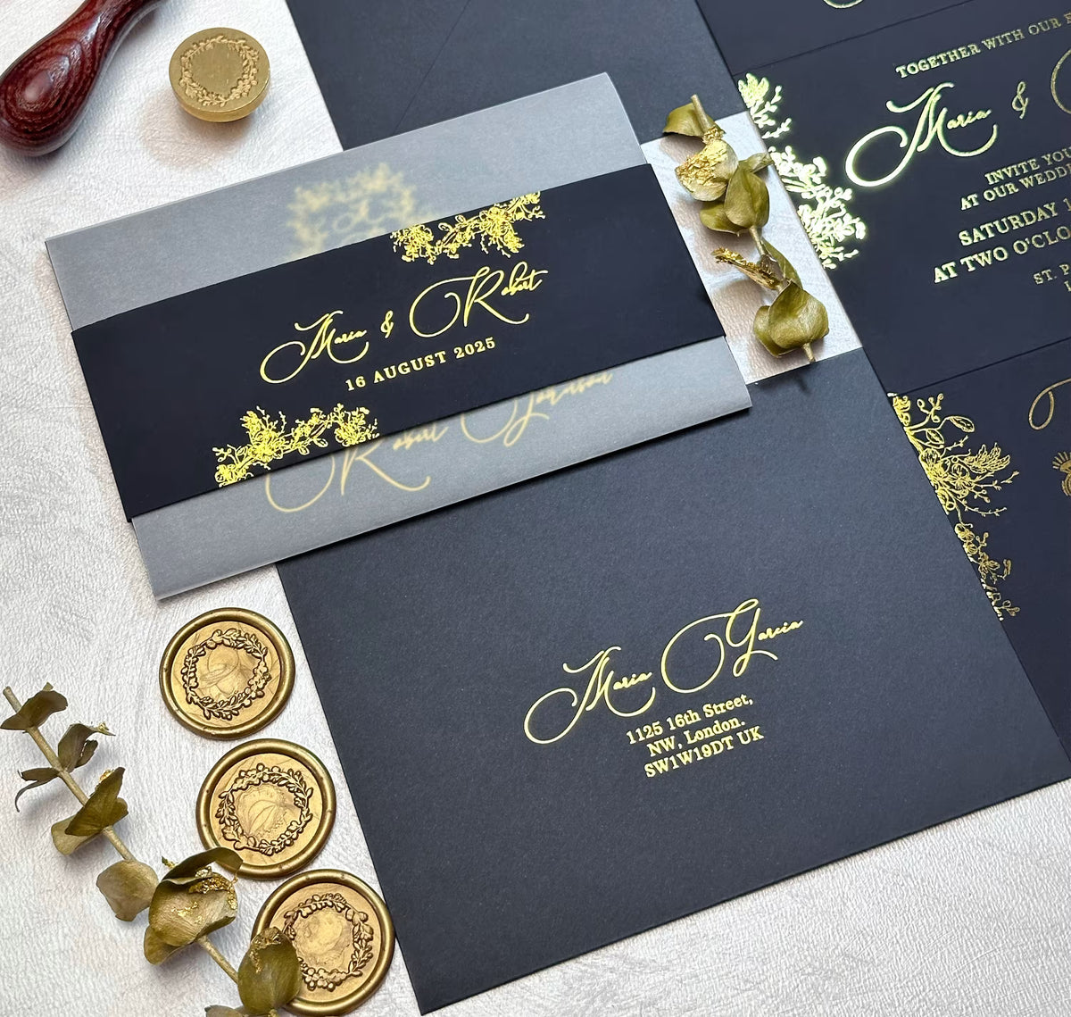 Concertina wedding invitations with foil in navy blue flat lay with RSVP card on white cardstock and envelope