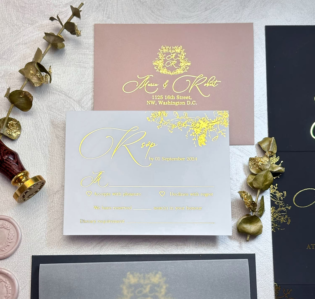 Concertina wedding invitations with foil in navy blue with separate RSVP card on white cardstock
