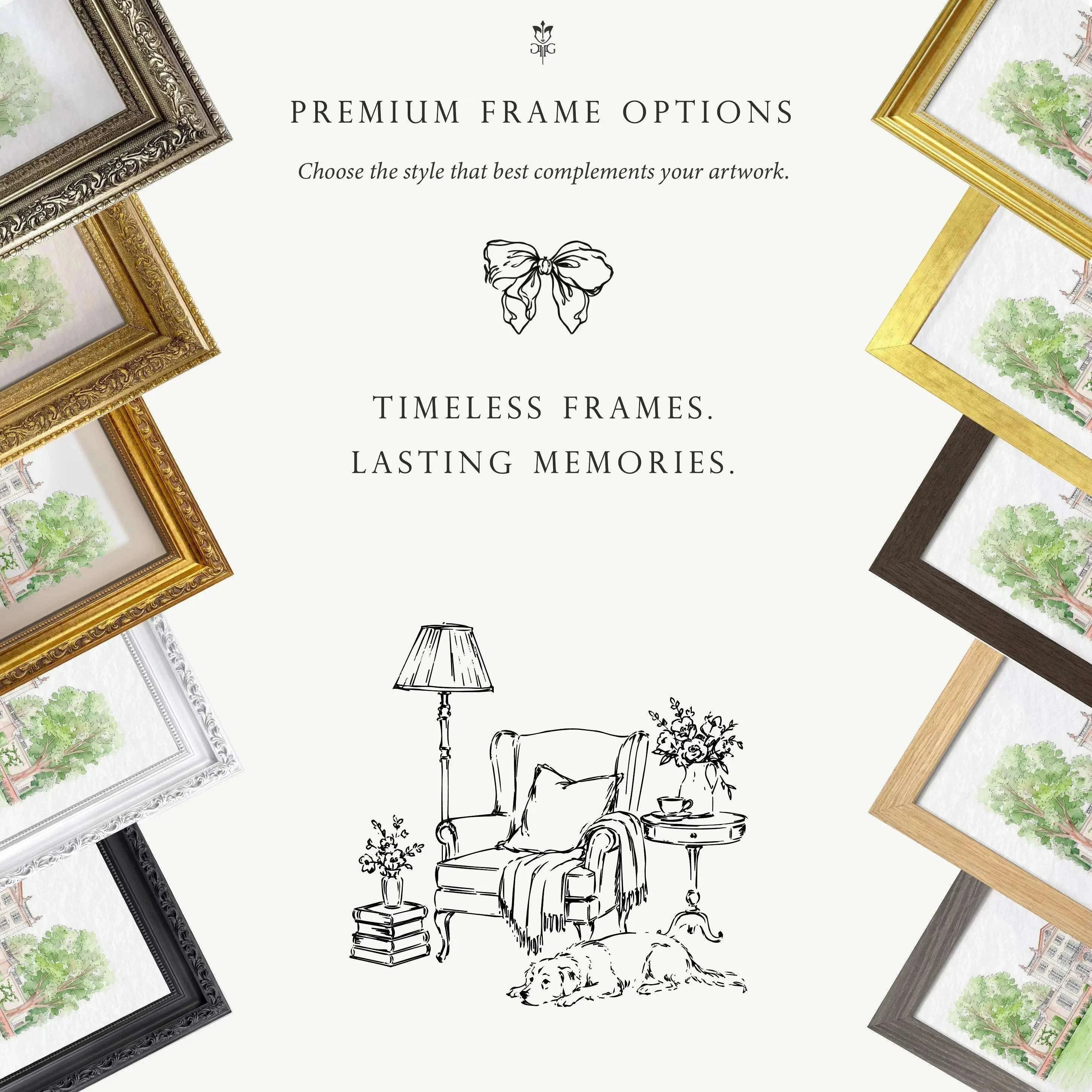 Collection of premium frame styles for personalized watercolor portraits, including gold, black, white, and natural wood finishes suitable for wedding venue and house artwork.