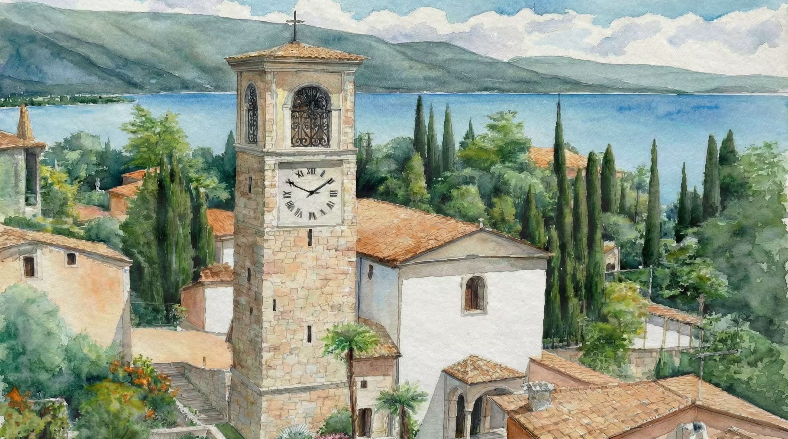 Watercolor illustration of an Italian lakeside village featuring a stone clock tower with Roman numerals and wrought iron bell, a white church with terracotta roof tiles, tall cypress trees, Mediterranean gardens and a glimpse of an Italian lake with mountains in the background — showcasing the style of Glow Garage Art's custom watercolor building portraits and venue illustrations, painted as personalized anniversary gifts and wedding venue keepsakes .                                                      
