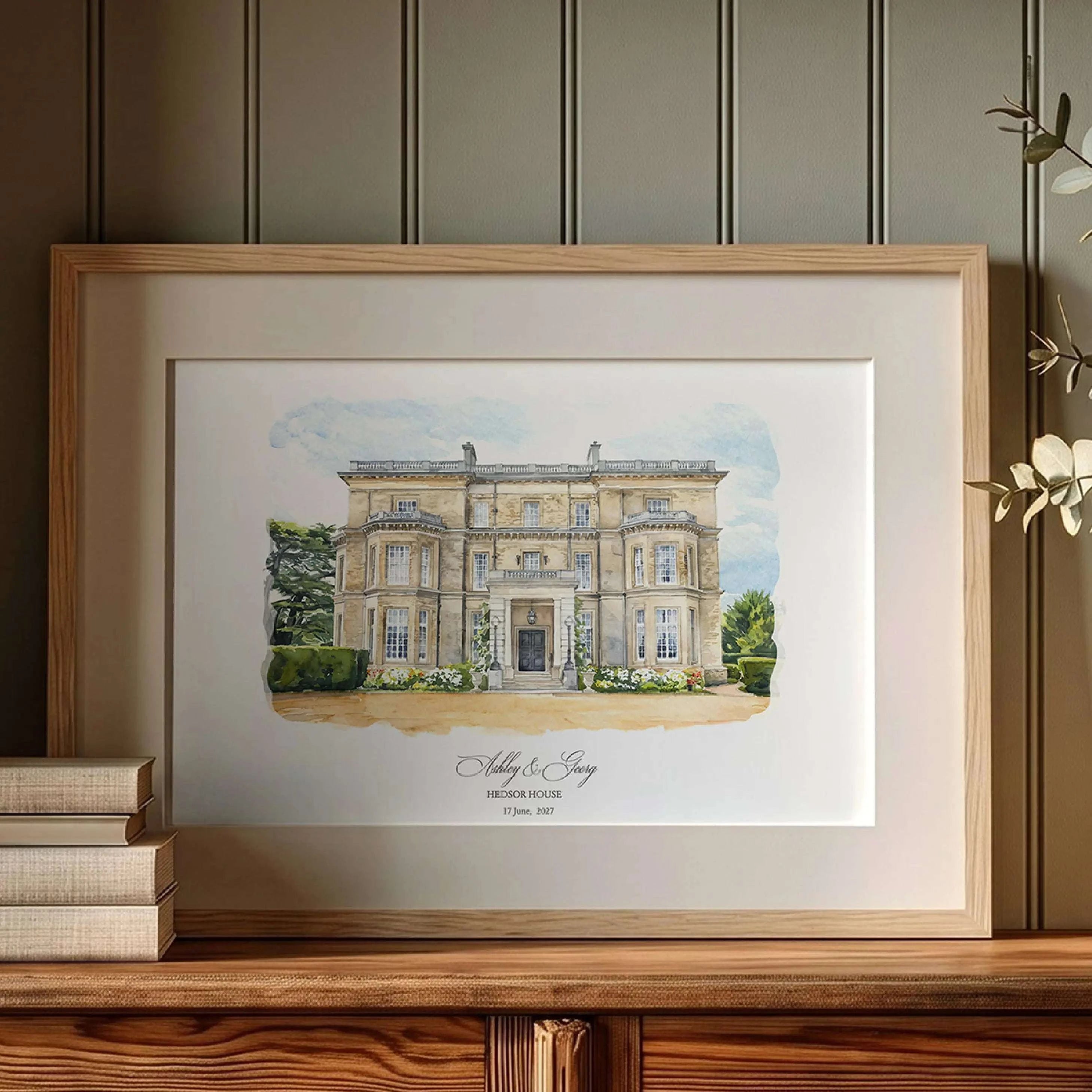 Custom Hedsor House watercolor wedding venue illustration, elegant manor house portrait artwork for weddings, anniversaries and meaningful gifts