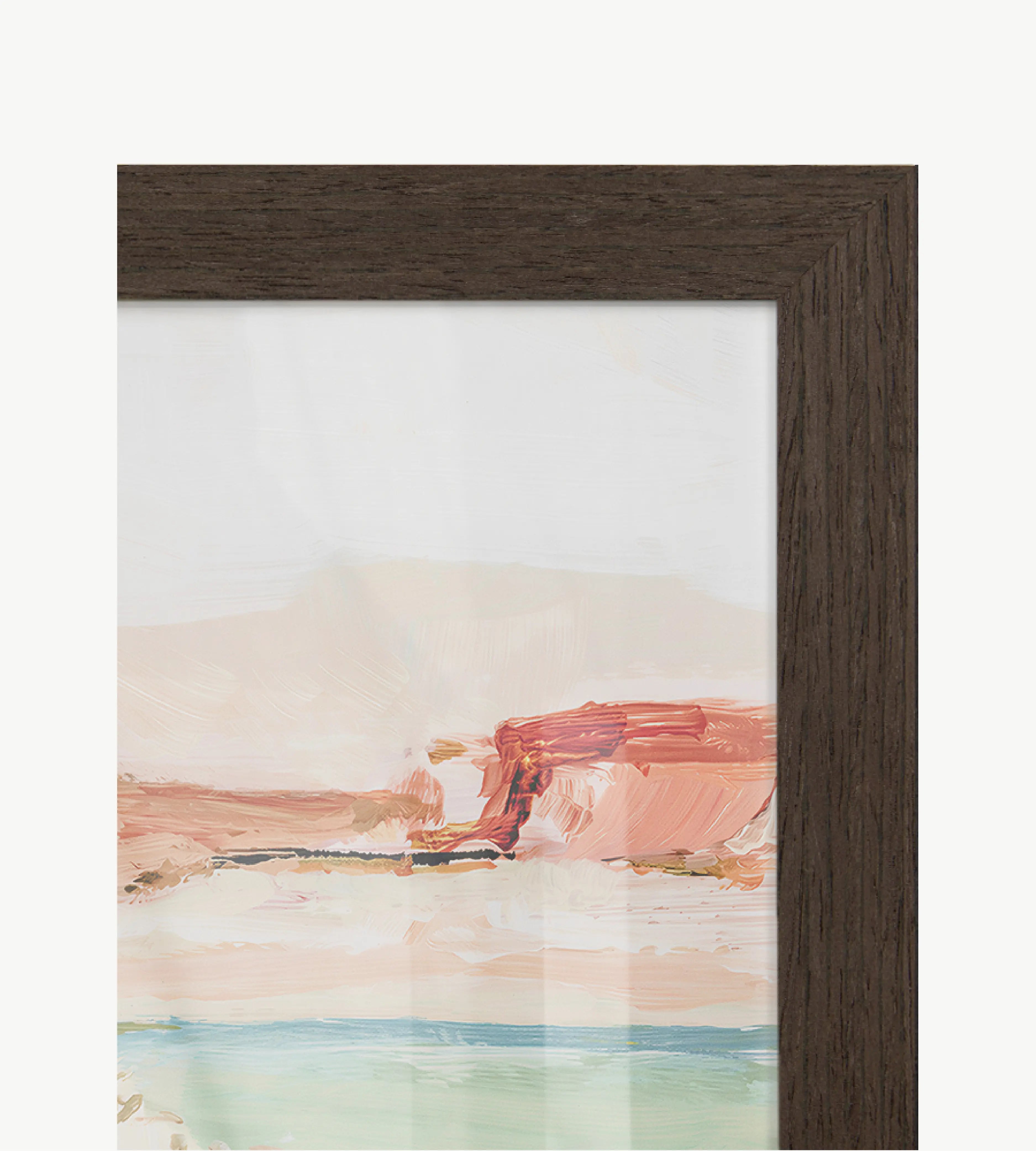Dark solid wood frame with satin matte finish in walnut mahogany tone, smooth texture, premium framed wall art ready to hang