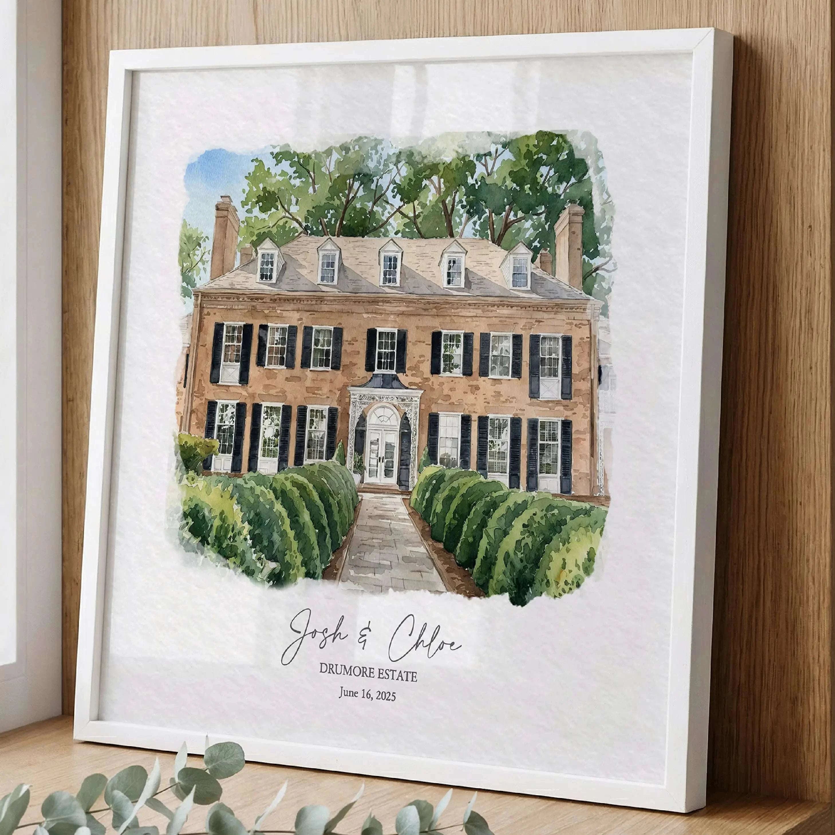 Custom watercolor illustration of Drumore Estate wedding venue with names and date, framed heirloom wedding anniversary gift