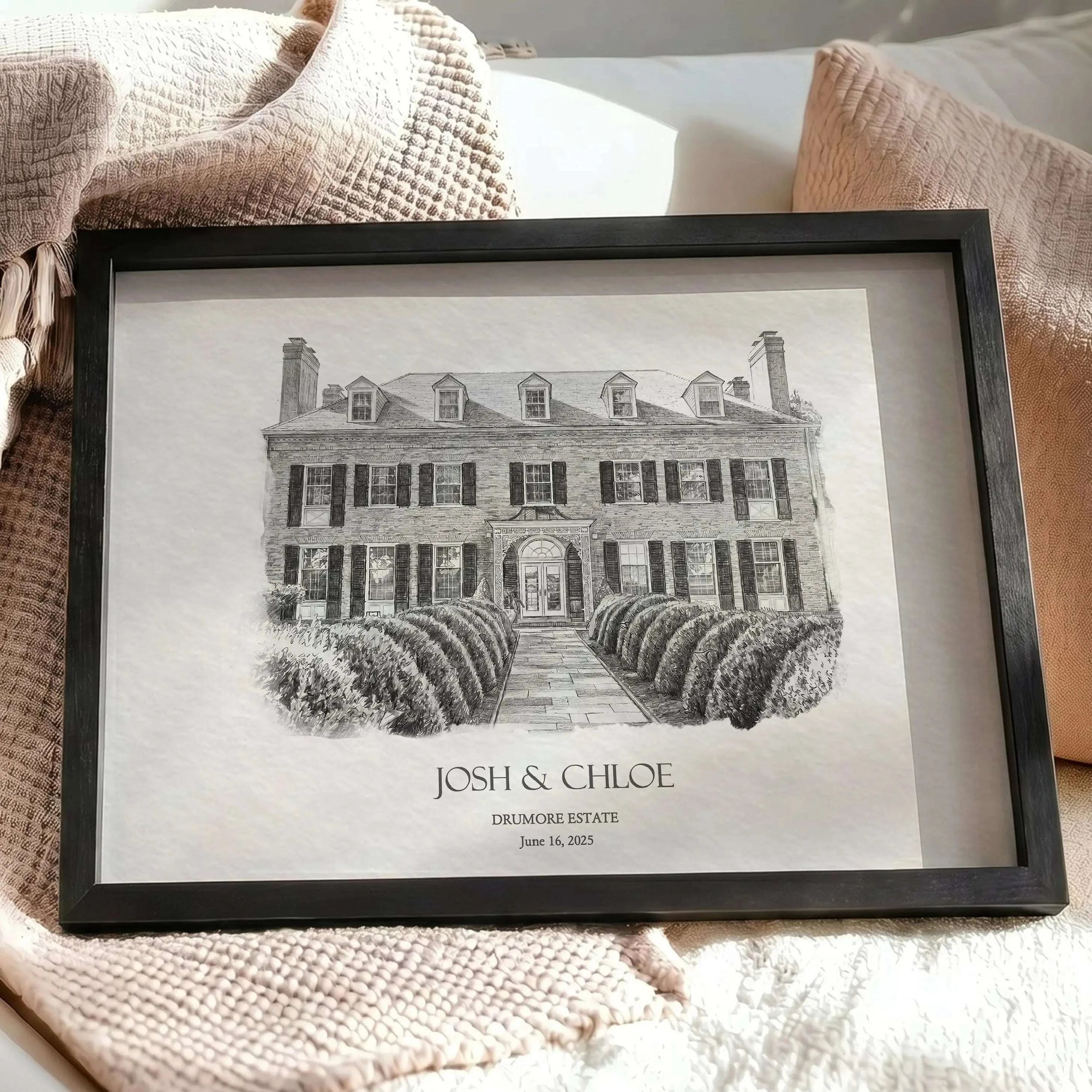 Elegant framed watercolor art print of Drumore Estate venue, personalized couple gift for wedding or anniversary