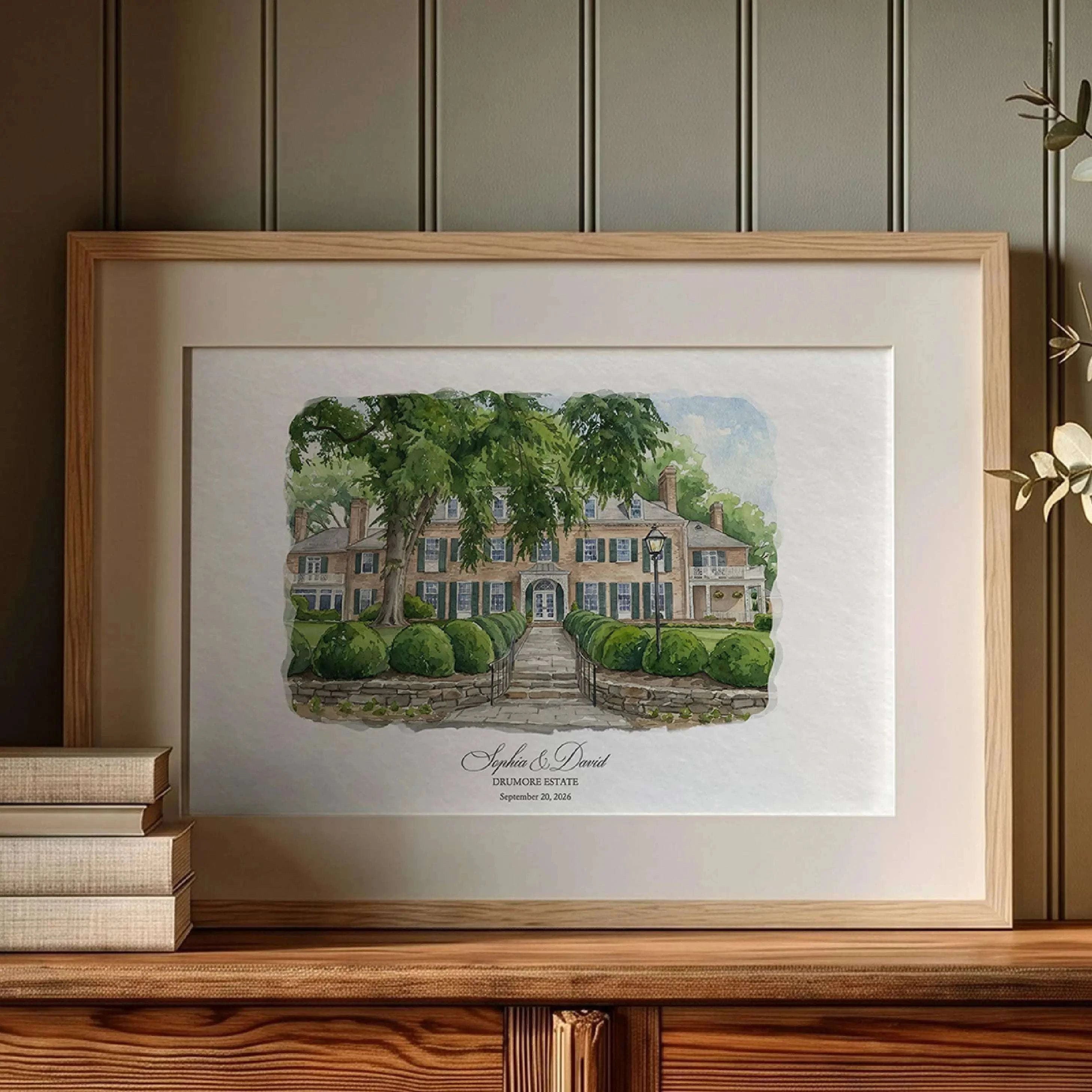 Personalized Drumore Estate watercolor venue portrait in gold frame, meaningful anniversary gift for couples