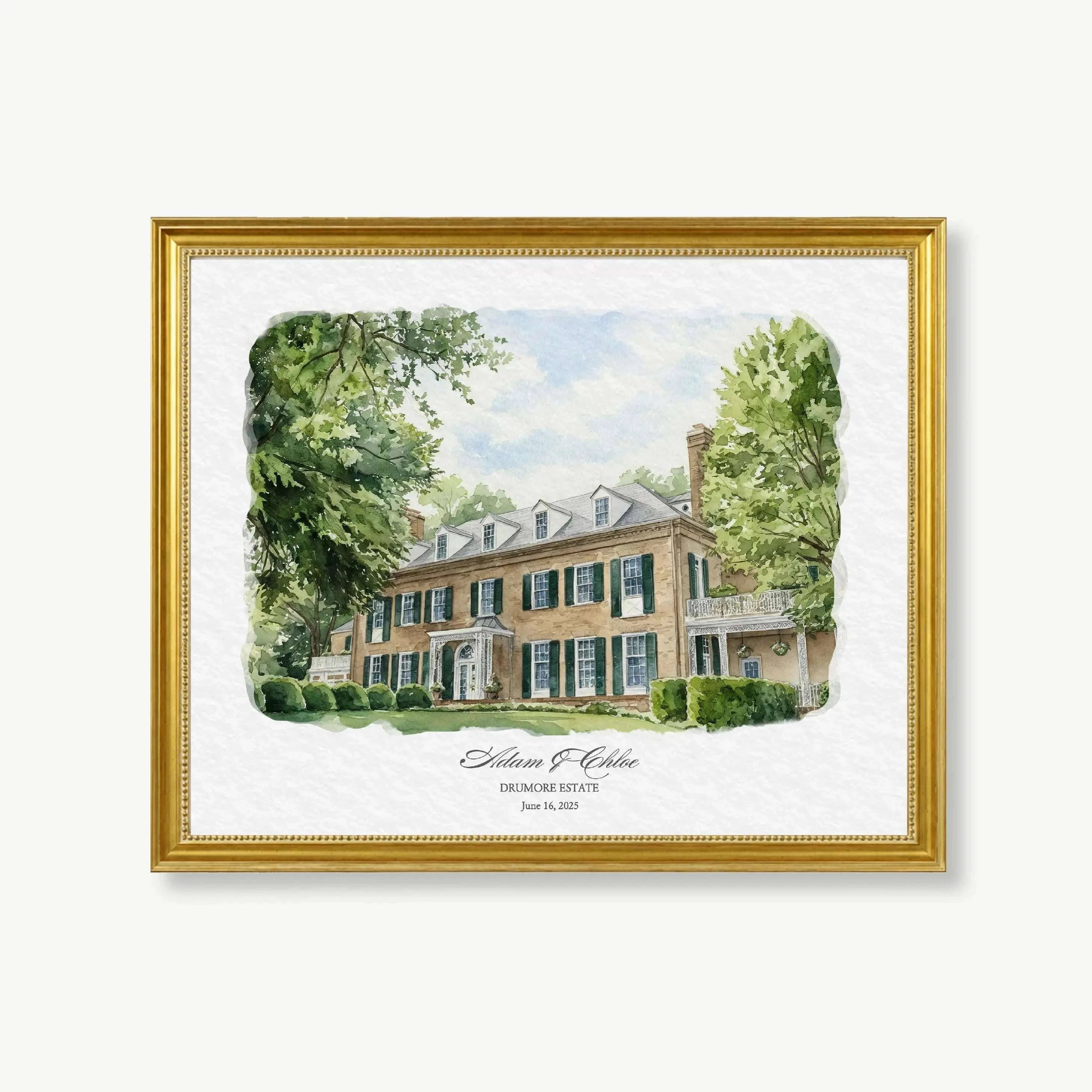 Framed watercolor painting of Drumore Estate wedding venue personalized with couple names and wedding date, elegant wedding gift artwork