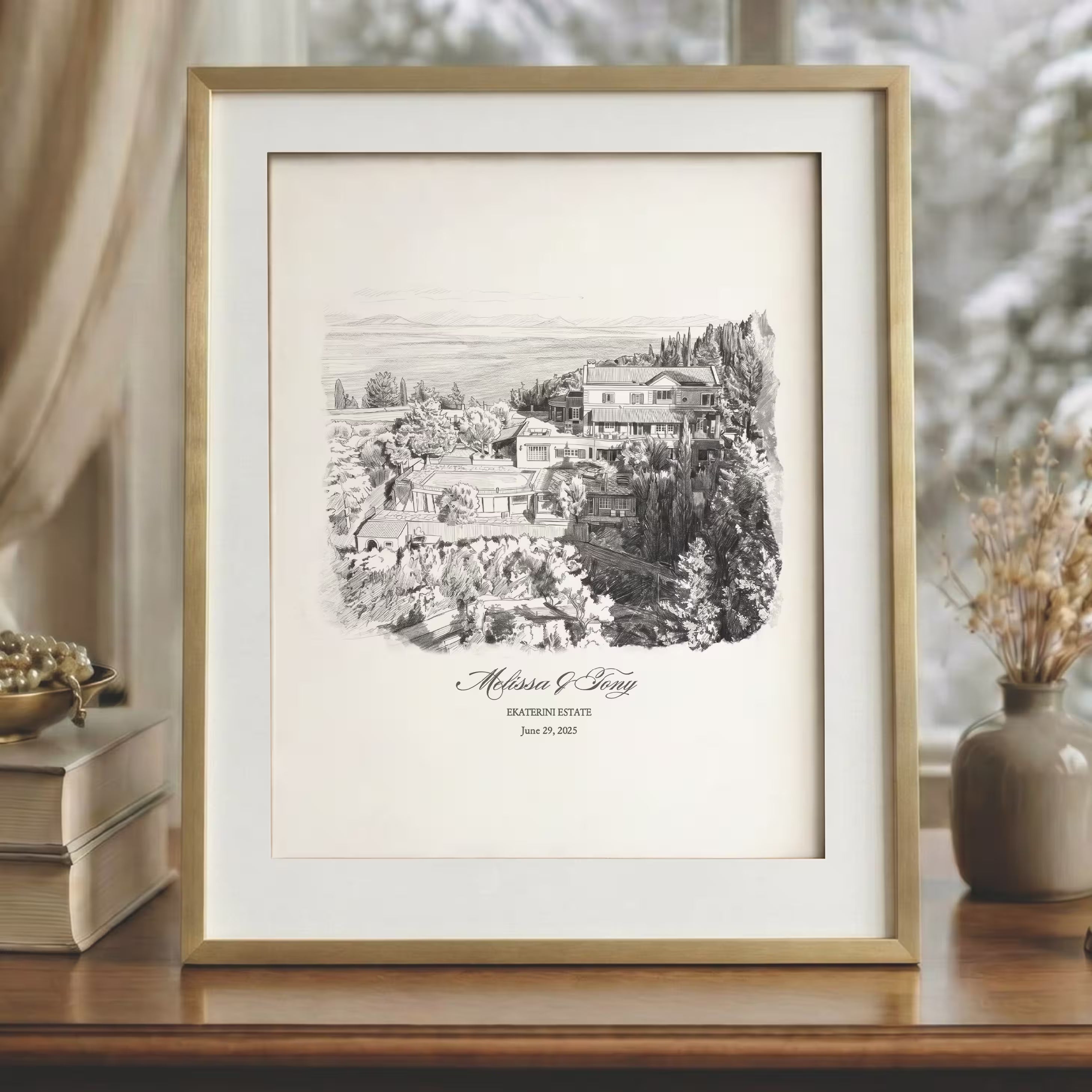 Pencil sketch line art version of Ekaterini Estate in Corfu, Greece, a fine graphite drawing offered as an alternative to the watercolor portrait