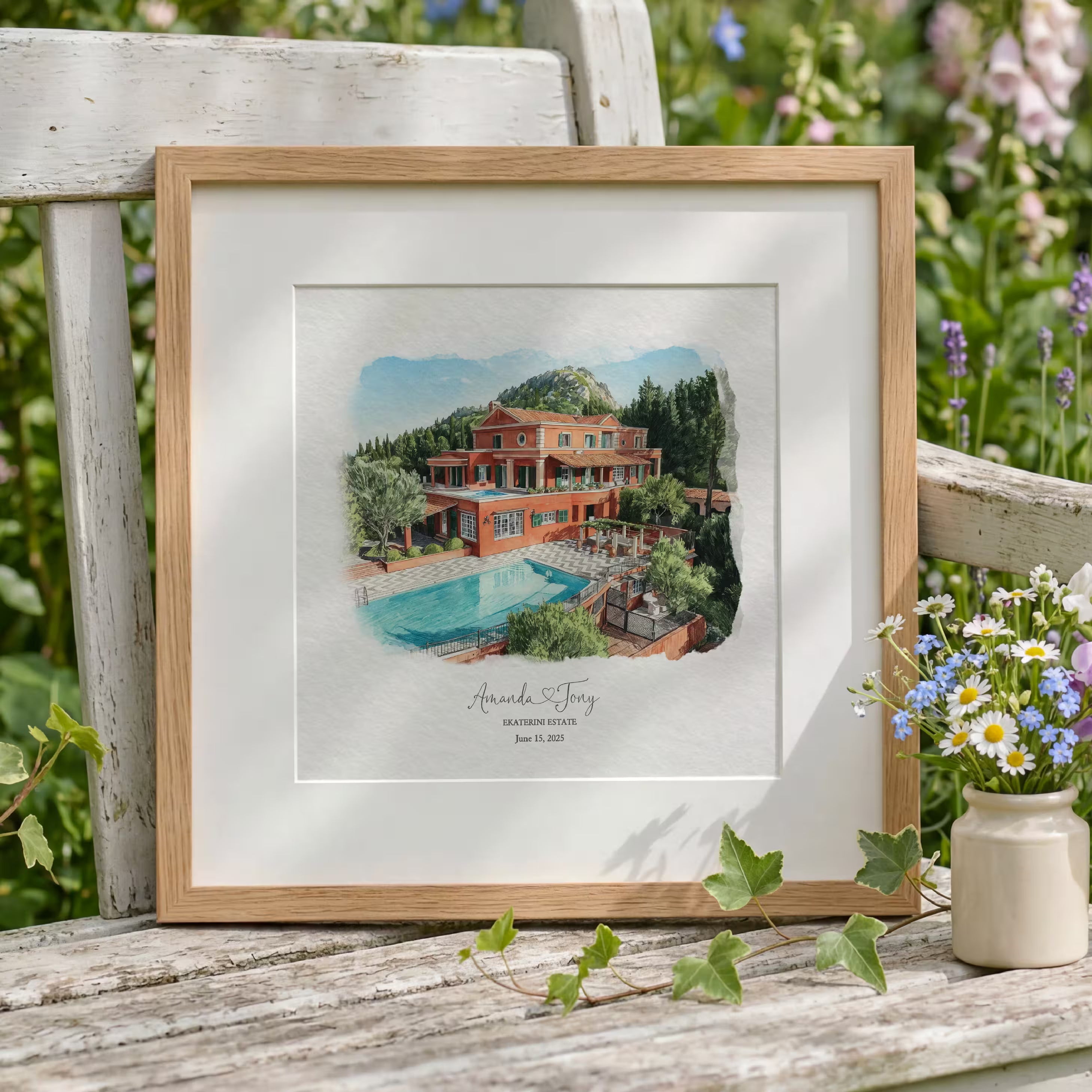 Ekaterini Estate Corfu watercolor portrait framed with a white mount, a destination wedding gift fine art printed on premium watercolor paper