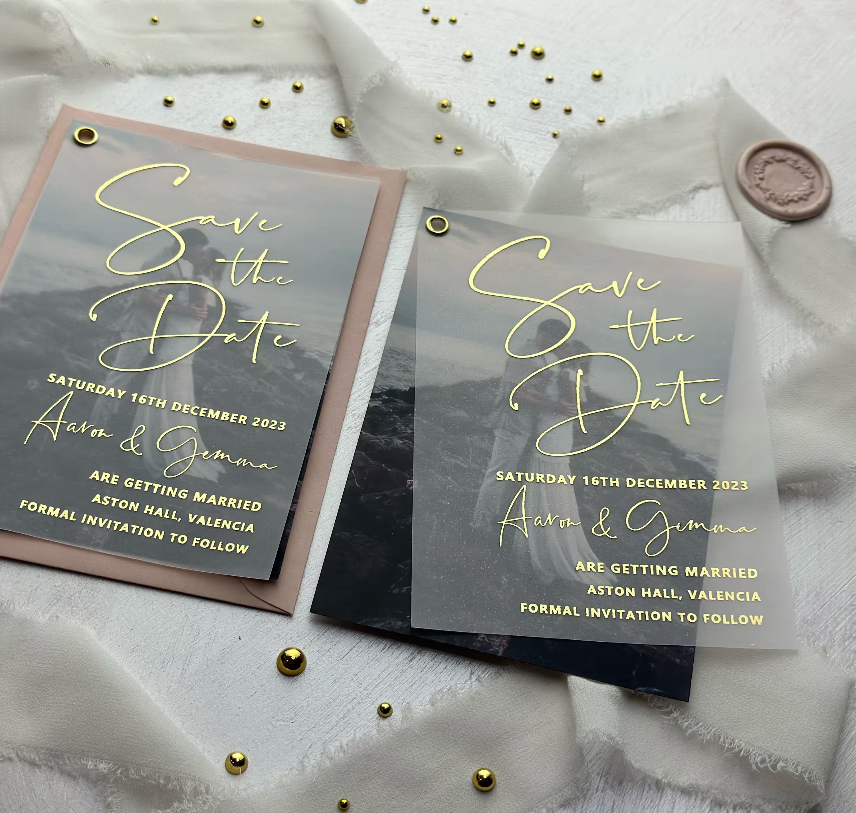 Elegant vellum wedding Save the Date with translucent photo layer and gold foil details
