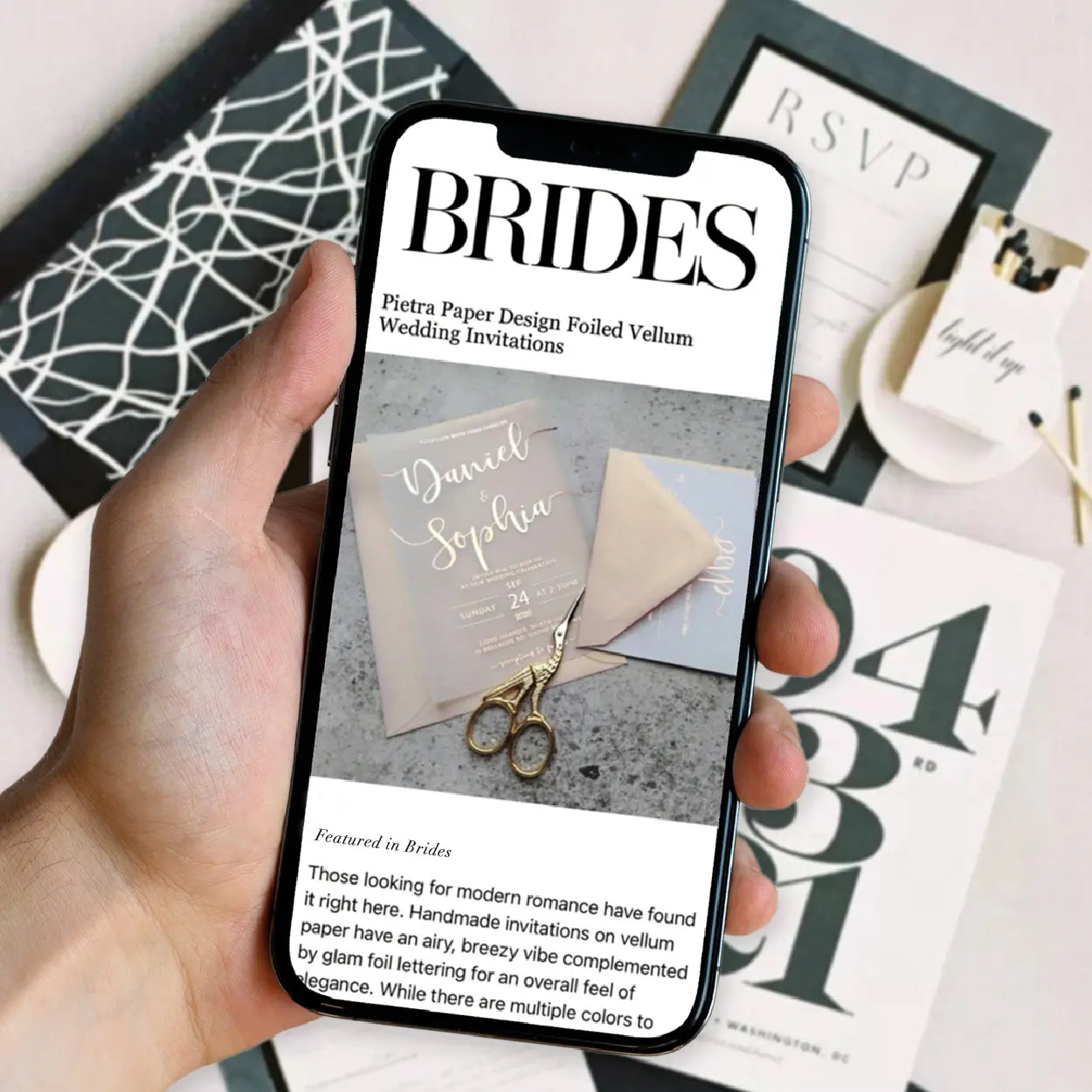 Wedding invitations featured in Brides magazine, elegant vellum and foil stationery design