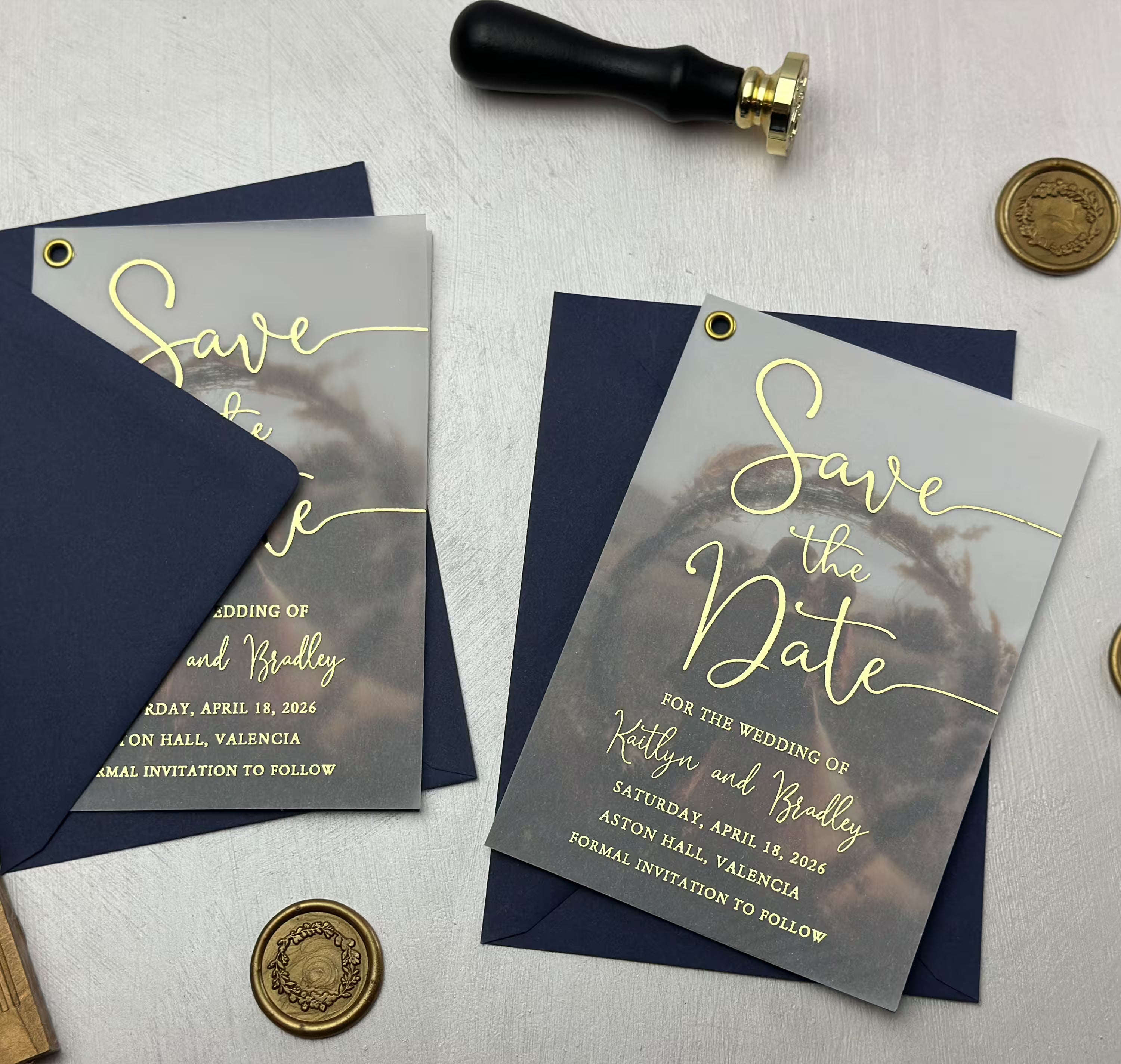 Foil vellum Save the Date featuring a wedding photo beneath translucent vellum and personalized names