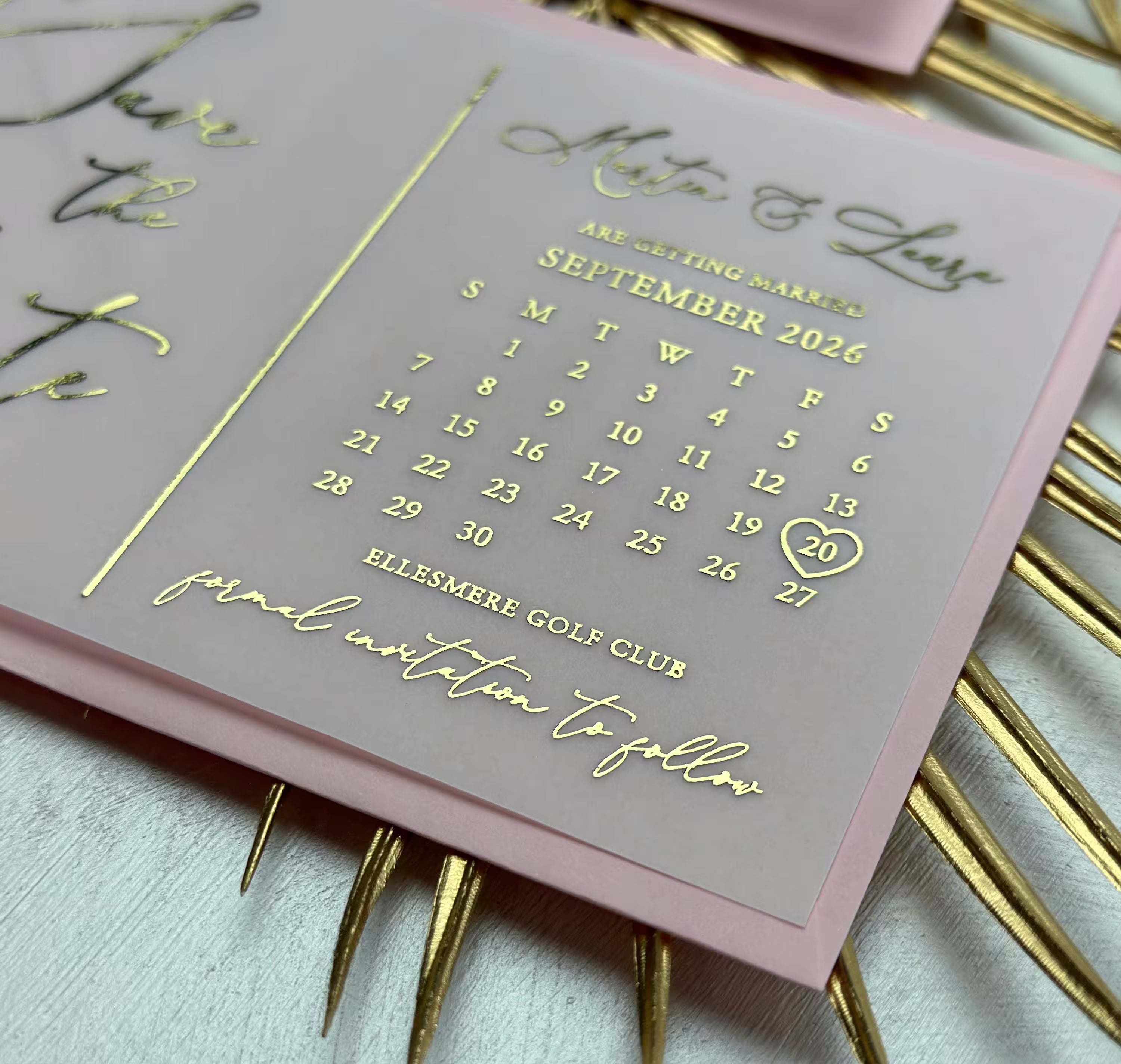 Vellum Save the Date card with calendar design and foil lettering