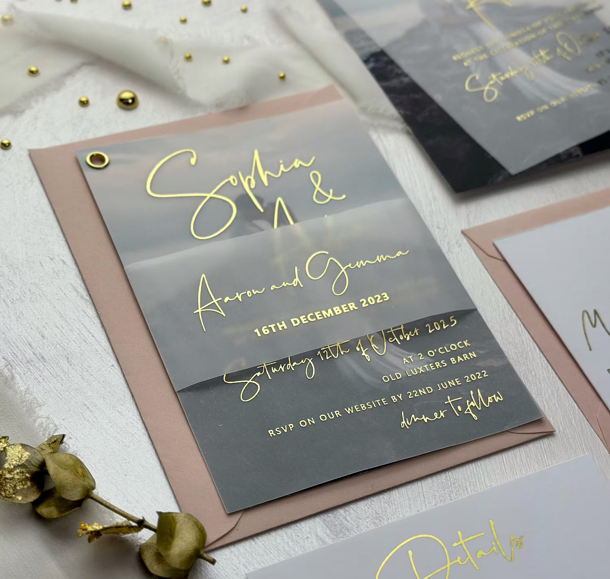 Foil vellum wedding invitation suite with matching RSVP card and blush envelope