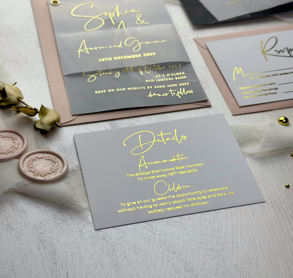 Foil vellum wedding invitation suite with details card and gold foil lettering