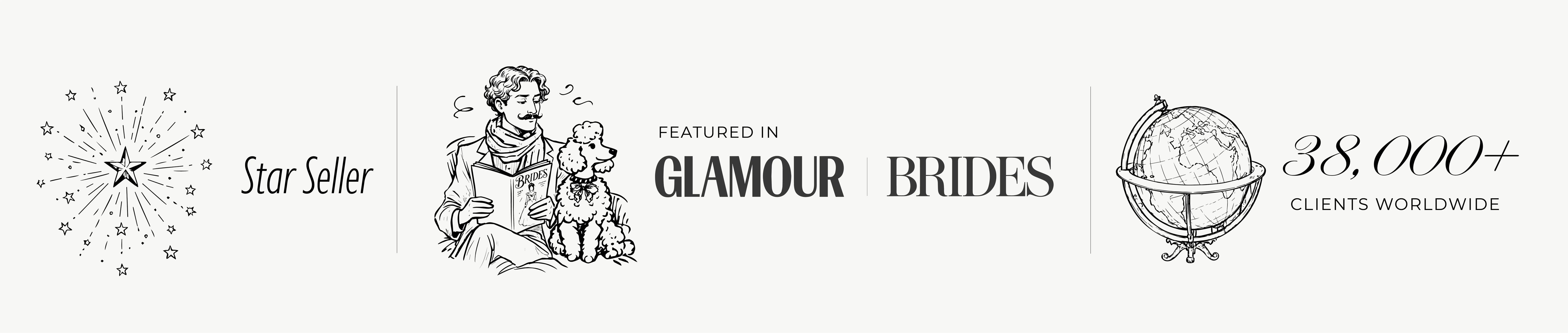Luxury editorial-style banner featuring hand-drawn illustrations, 38,000+ clients worldwide, Star Seller recognition, and Featured In GLAMOUR and BRIDES magazines for a premium personalised watercolor portrait and wedding art brand.