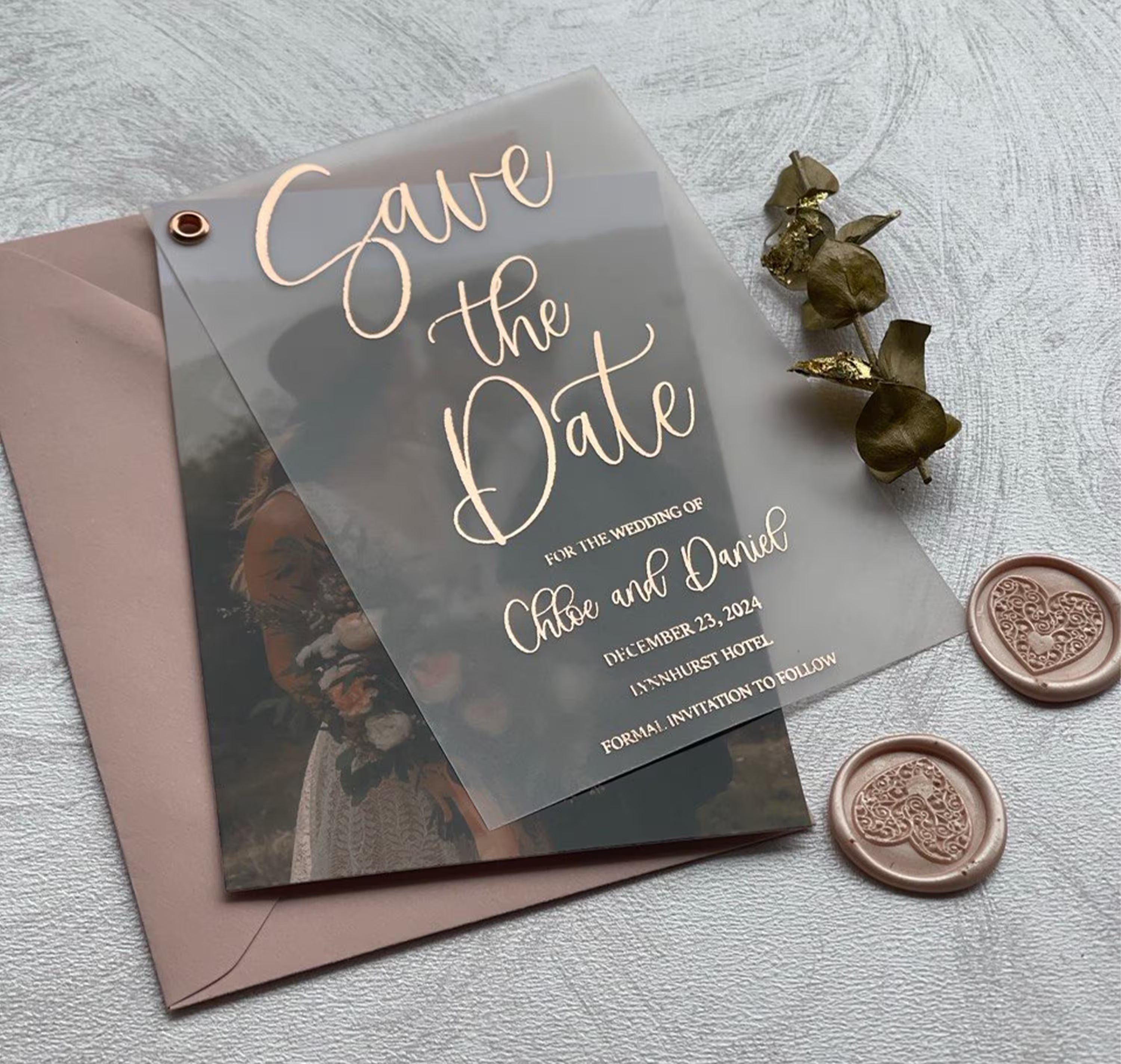 Vellum rose gold foil wedding Save the Date with personalized photo