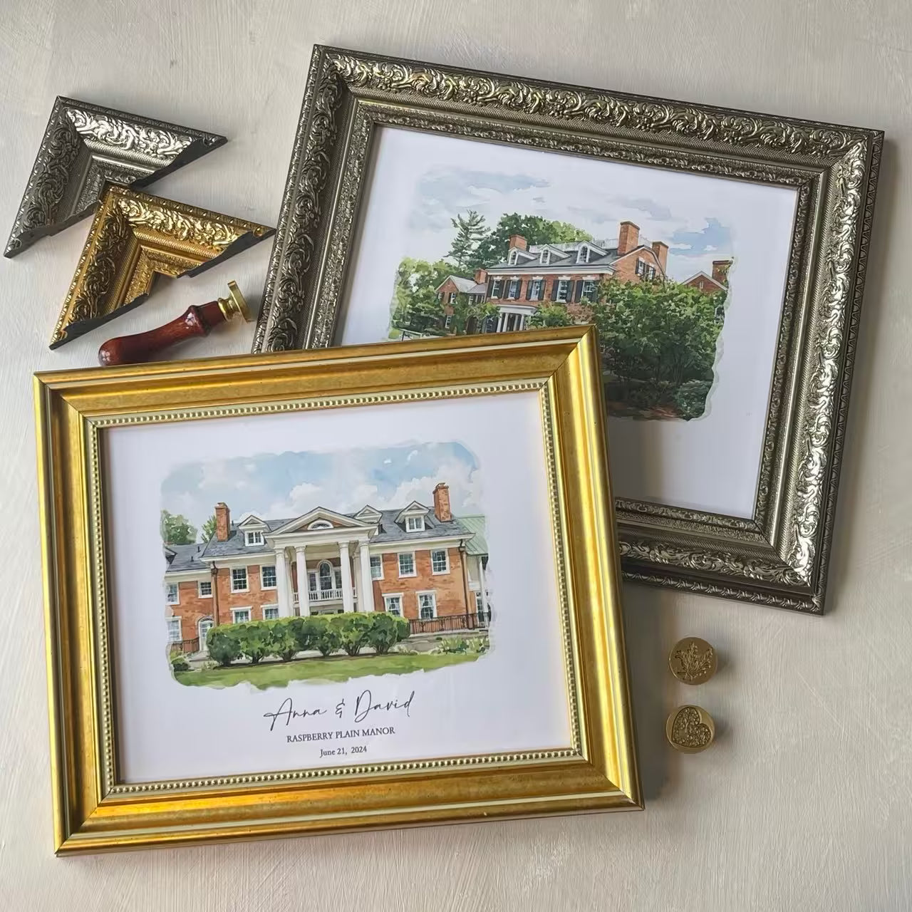Two custom watercolor wedding venue portraits in ornate gold frames, shown with frame corner samples and wax seals, personalized heirlooms created from your photo by Glow Garage Art