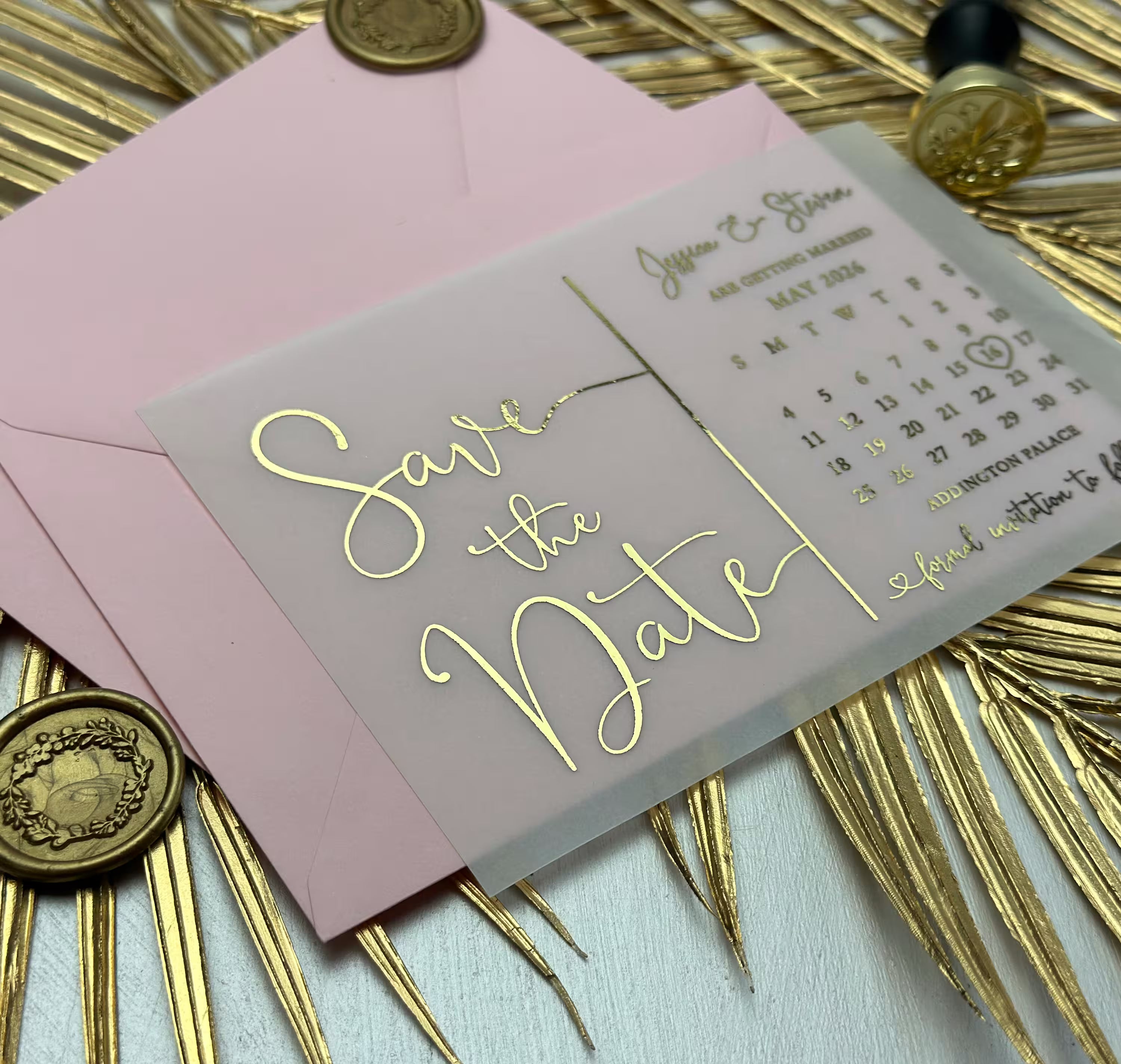 Save the Date wedding calendar with gold foil lettering on vellum