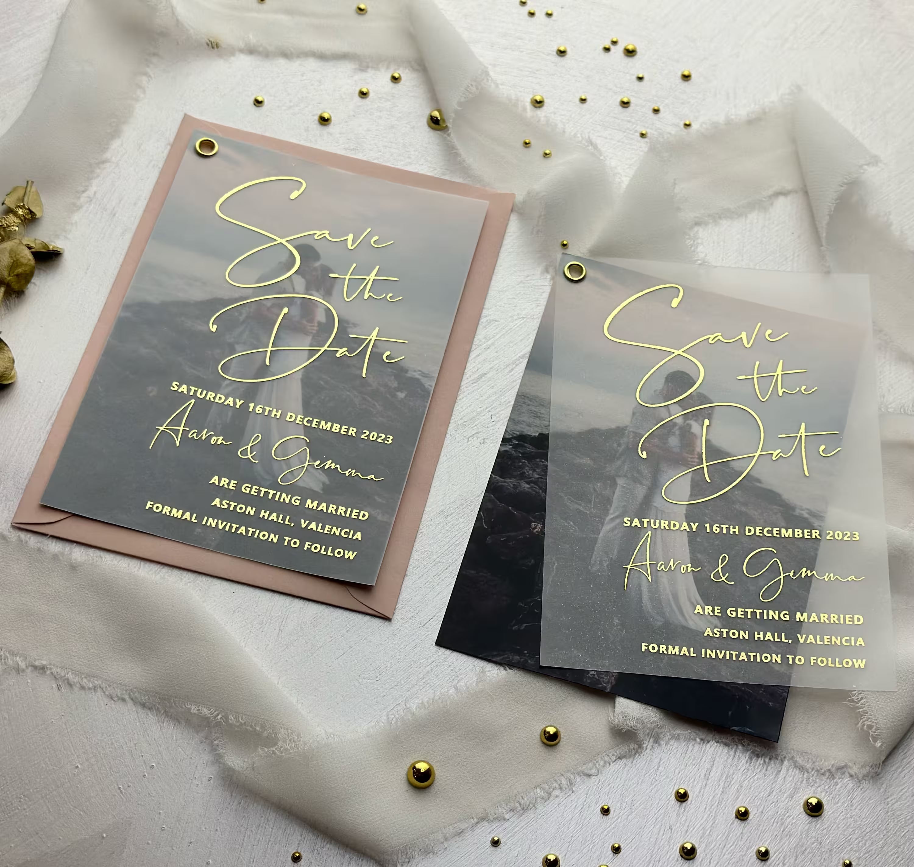 Gold foil vellum photo Save the Date featuring personalized names and wedding date