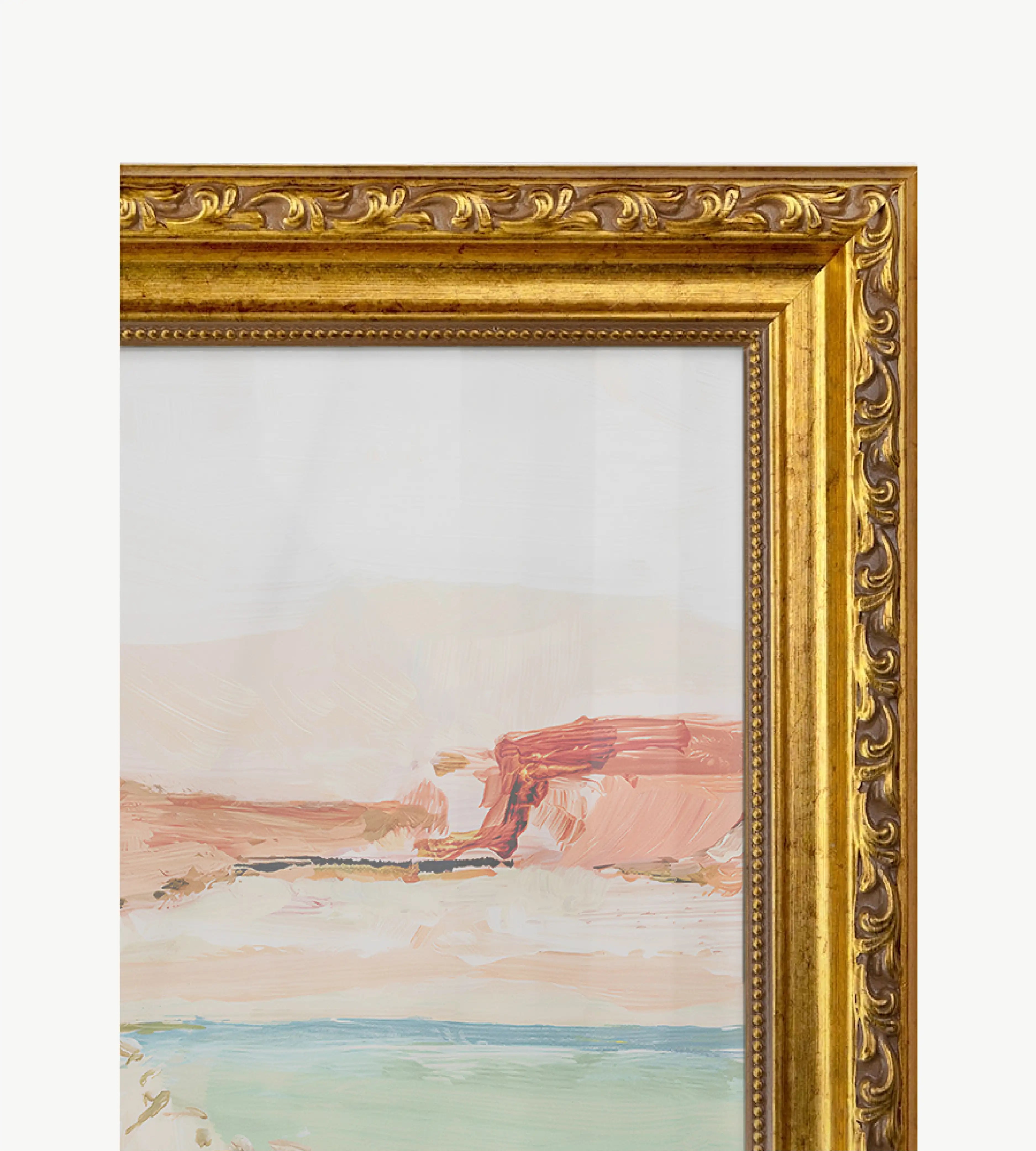 Gold ornate solid wood frame with detailed decorative carving and matte finish, elegant classic wall art frame