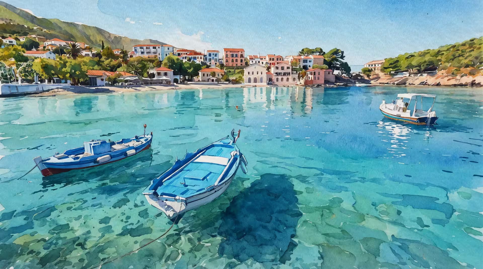 Greece wedding venue watercolor banner, a soft Greek coastal scene of sea and sky, setting the tone for custom watercolor venue portraits offered as anniversary and destination wedding gifts